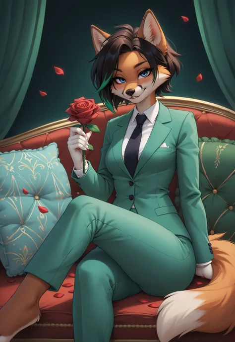 (4K HD Quality), score_9_up, score_8_up, score_6_up, anthro, solo, 1girl, anthropomorphic, furry, fox, orange fur, dark blue eyes, white face, black nose, small medium breasts, fox tail, (white claw:1.1), pink pad paws, 

(Short hair, black hair, green hig...