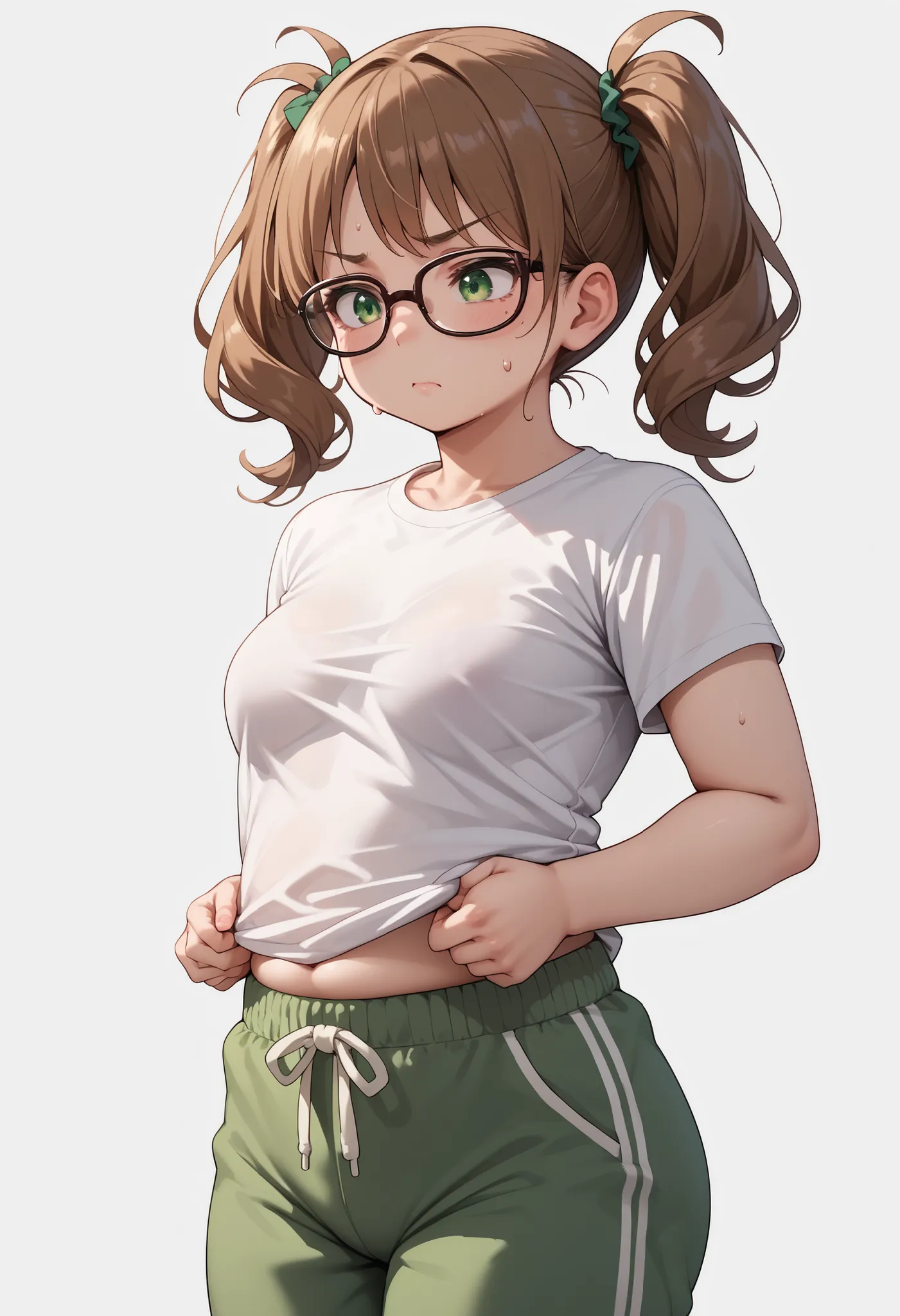source_anime ,score_9, score_8_ up, score_7, ((White background)) ((japan woman)) ((1girl)) (solo girl) ,30 years old, rathing_questionable (White over size t-shirt:1.4) (green sweatpants:1.2), green eyes , (green tied in a double ponytail) ,(Brown cat g...