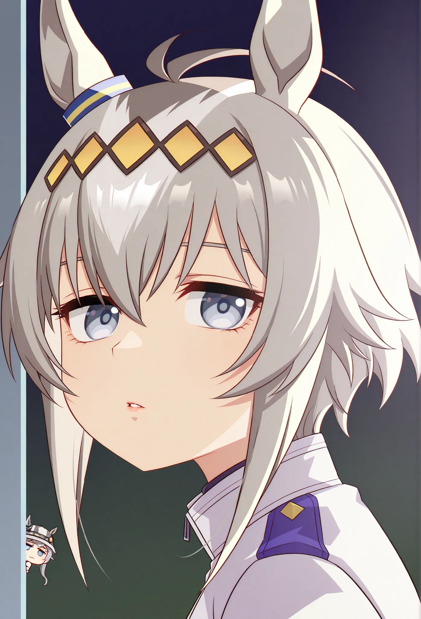 masterpiece，( chibi:1.4)，ogli cap \(Uma Musume\)，solo，stares at viewers,horse ears，grey hair，tied her lips，portrait，White Jacket，stupid hair,from the side，Upbeat Student ，upper body，