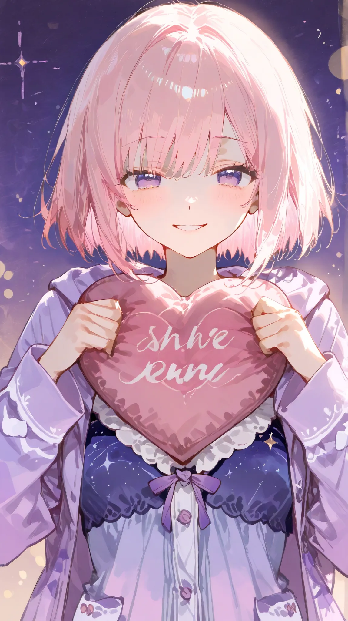 A cute anime-style girl with soft pastel pink hair and gentle eyes, smiling calmly. She is holding a large heart-shaped pillow close to her chest with both arms, partially covering her upper body. Her outfit is a cozy, lavender long-sleeved pajama top with...