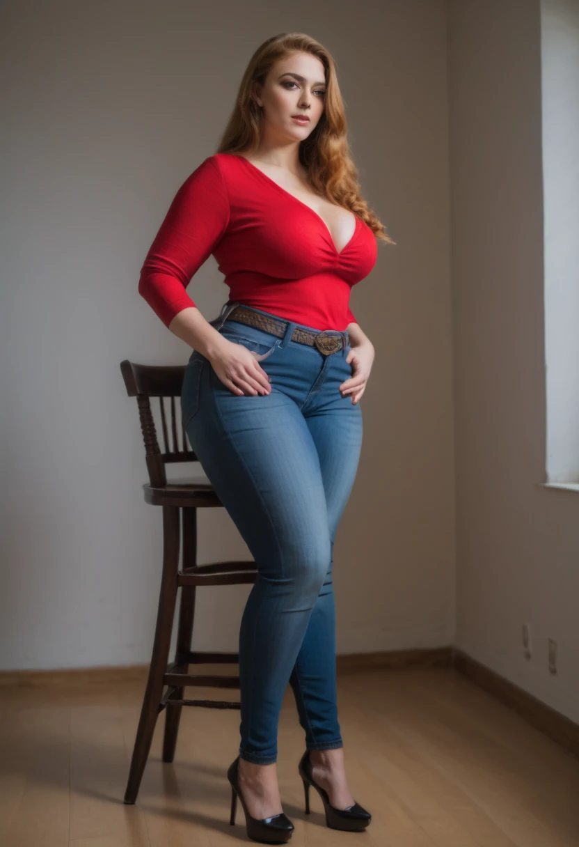 A very tall young lady with a gigantic waist, massive hips stands in a room, in tight jeans, contemplating how she will sit on a very thin chair.