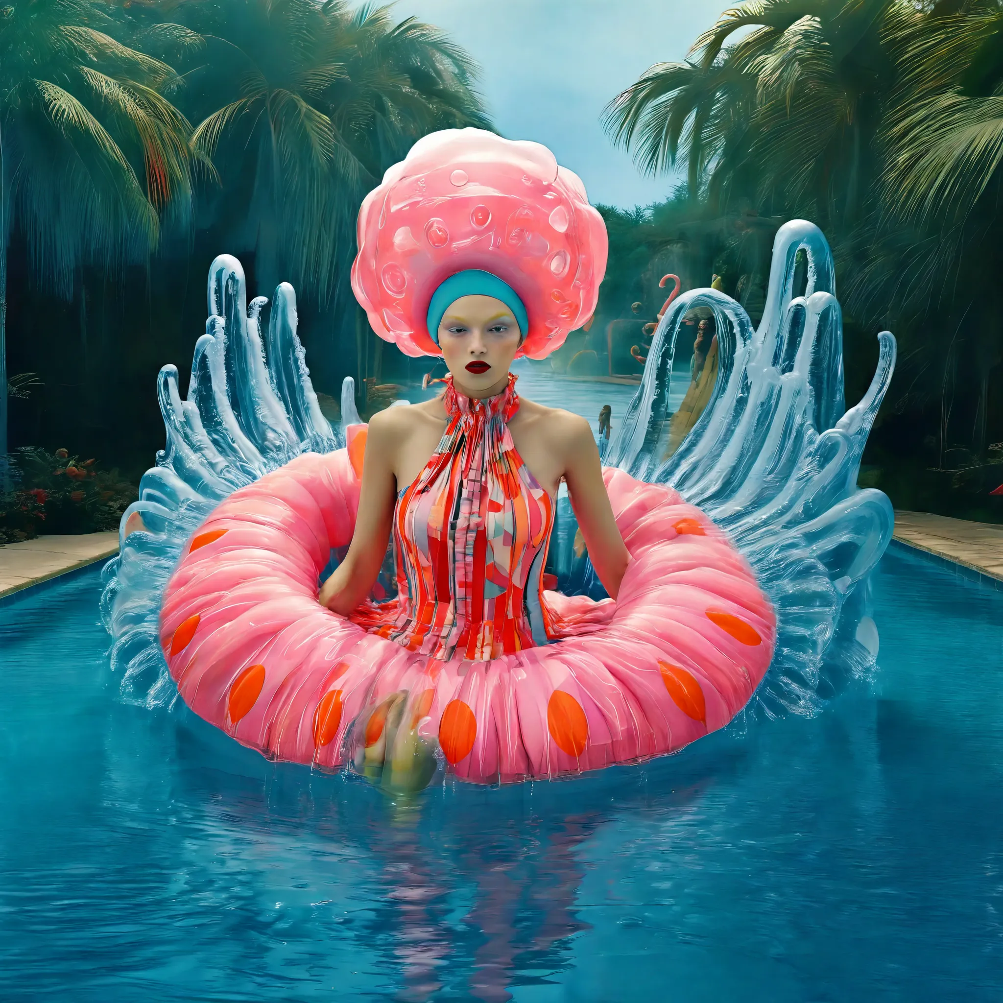 Tim Walker inspired, Loco Water Park, fashion photography, whimsical settings, surreal elements, creative storytelling, vibrant colors, (detailed face:1.05), hyperrealistic, photorealistic