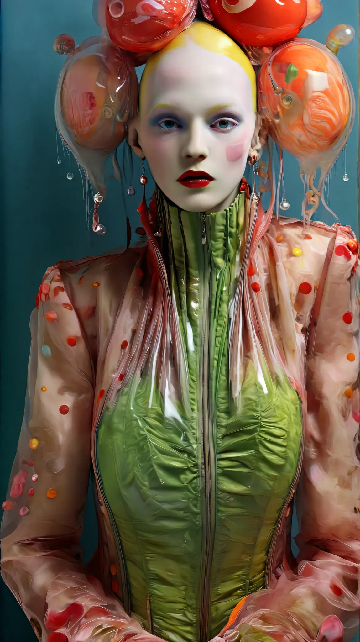 Tim Walker inspired, fashion photography, whimsical settings, surreal elements, creative storytelling, vibrant colors, (detailed face:1.05), hyperrealistic, photorealistic, until, masterpiece