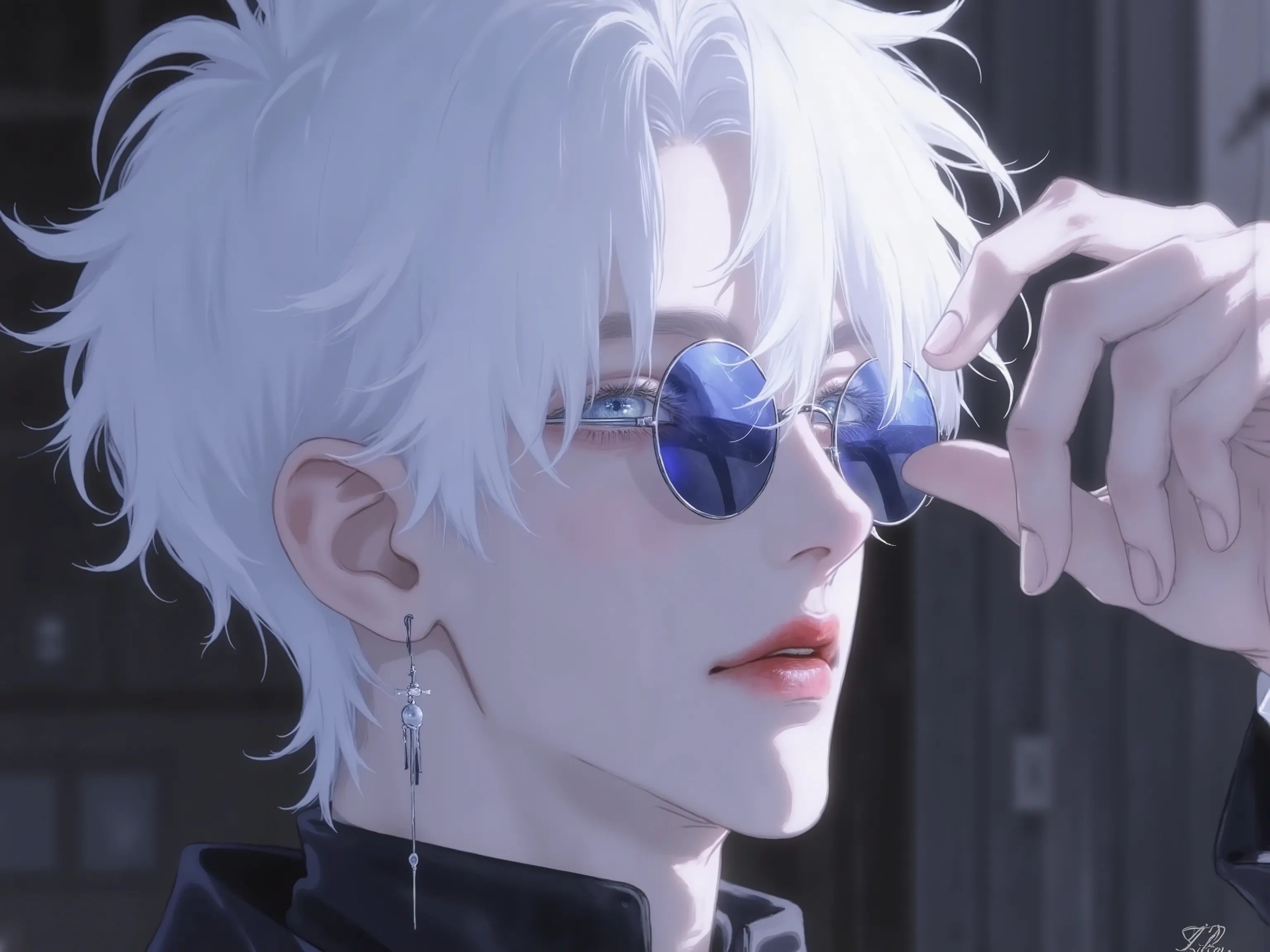 ((score _9,score_8_up,score_7_up)), GOJO SATURO, Portrait of Gojo Satoru from "Jujutsu Kaisen", upper body only, facing forward with a calm and confident expression. White hair, blue sunglasses, wearing a high-collared black uniform. anime style, detailed ...