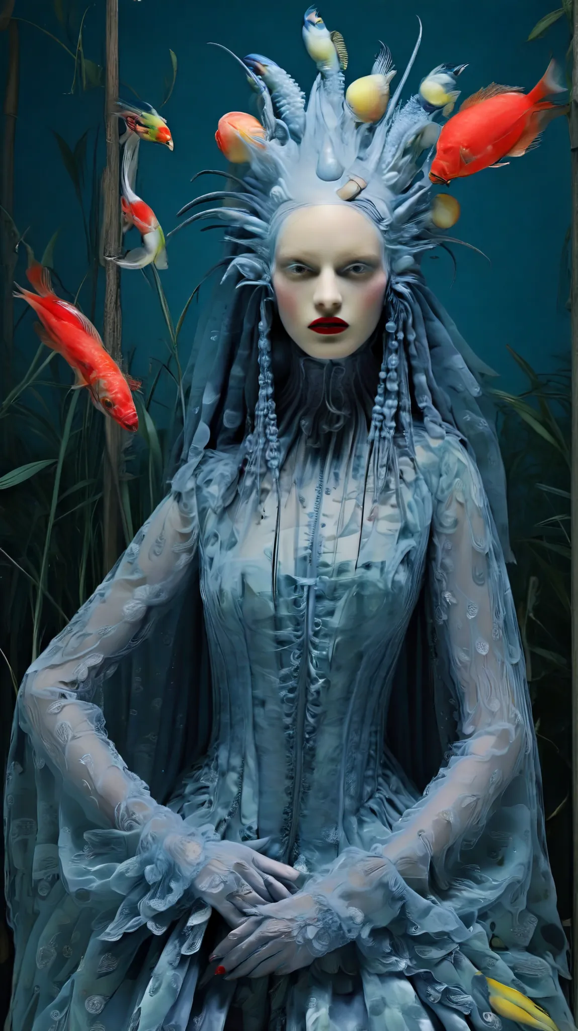 Tim Walker inspired, stunning fashion photography, dark and whimsical settings, surreal elements, creative storytelling, vibrant colors, (detailed face:1.05), hyperrealistic, photorealistic, until, beautiful masterpiece