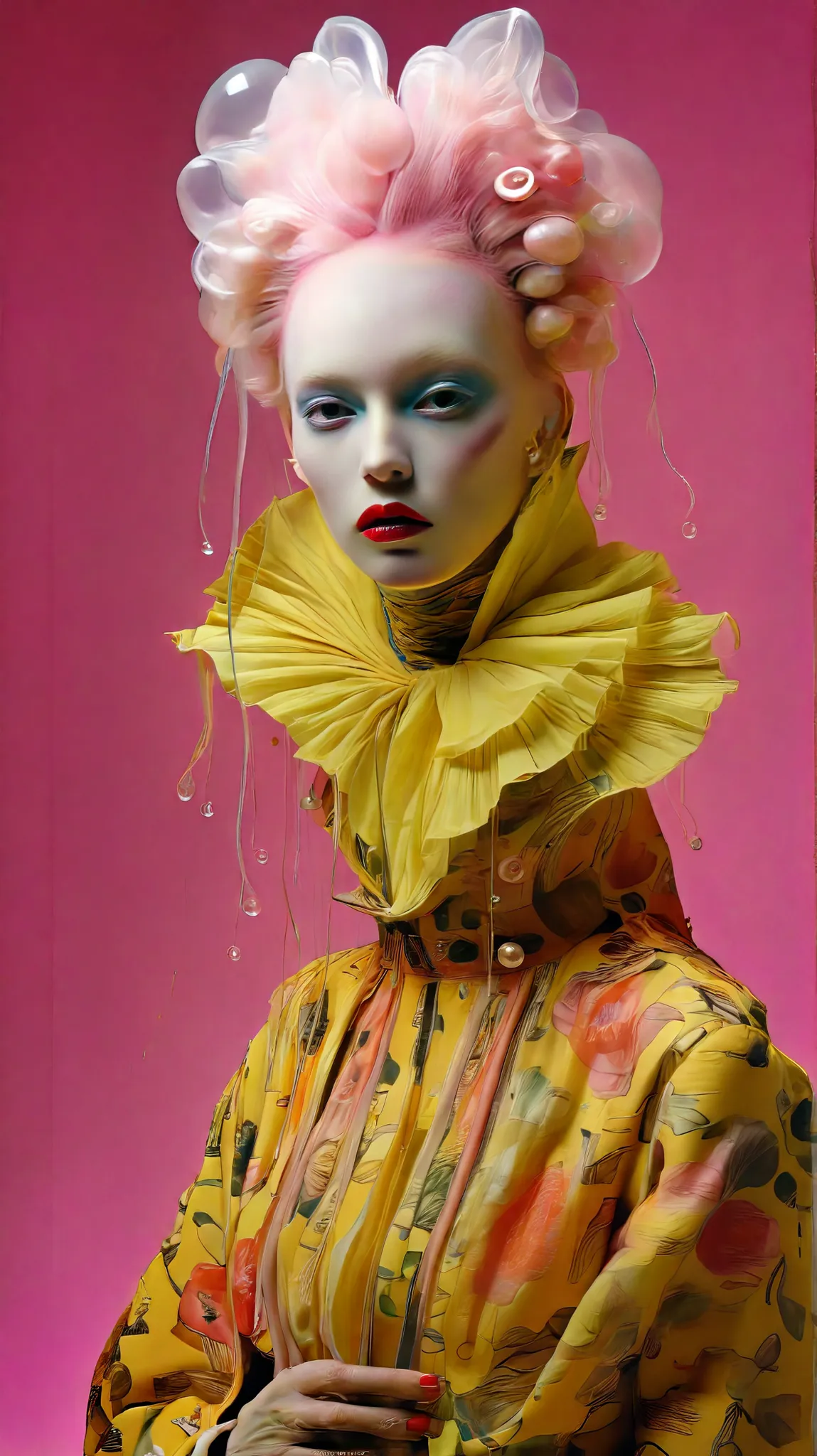 Tim Walker inspired, fashion photography, whimsical settings, surreal elements, creative storytelling, vibrant colors, (detailed face:1.05), hyperrealistic, photorealistic