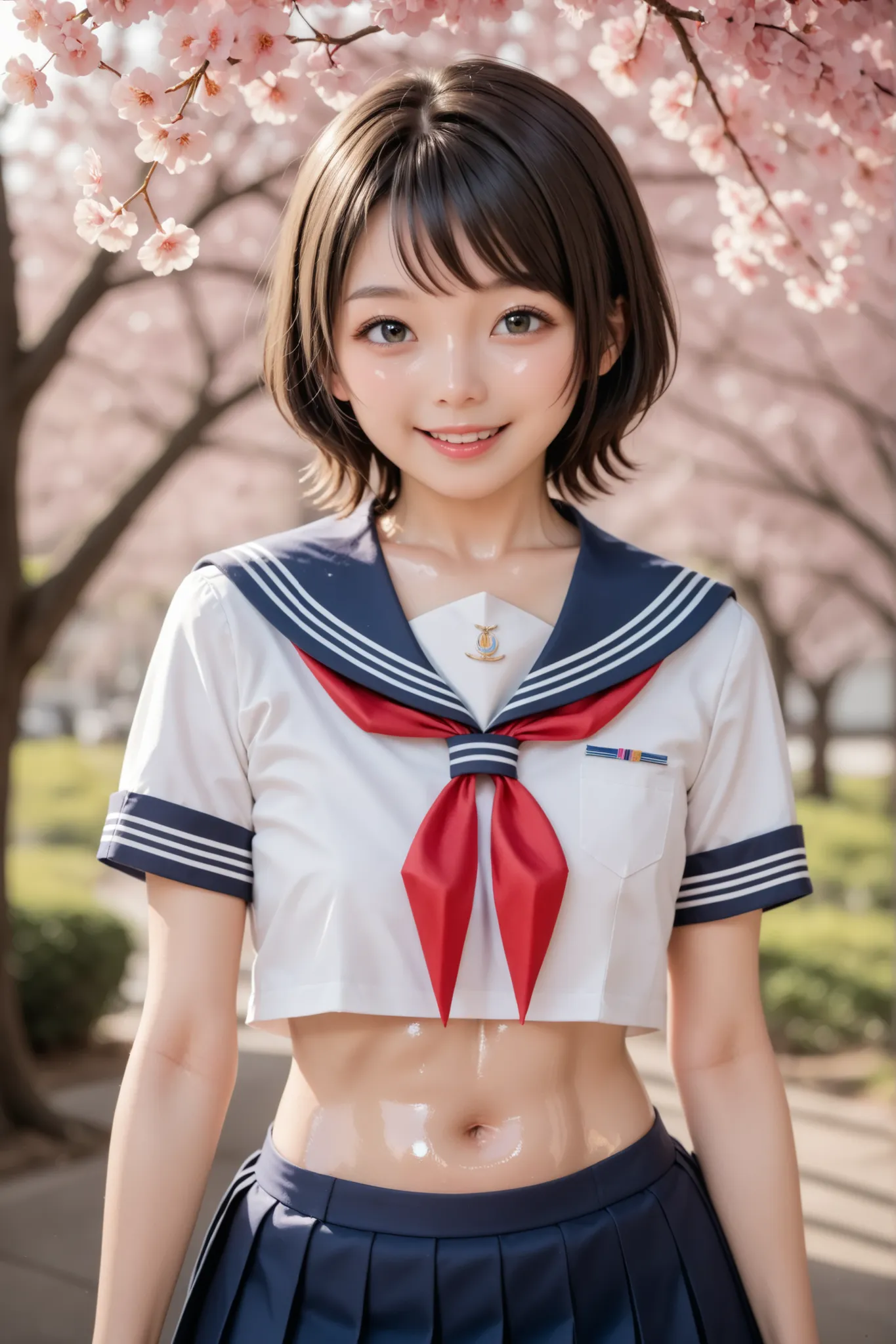 close-up of a woman posing for a photo shoot , most beautiful Japanese model, female model, (tall and thin:1.5), 4K、bungs、blonde hair , short hair, bob hair, straight hair holding people's arms、(white short sleeve sailor suit:1.5, The color of the coll...