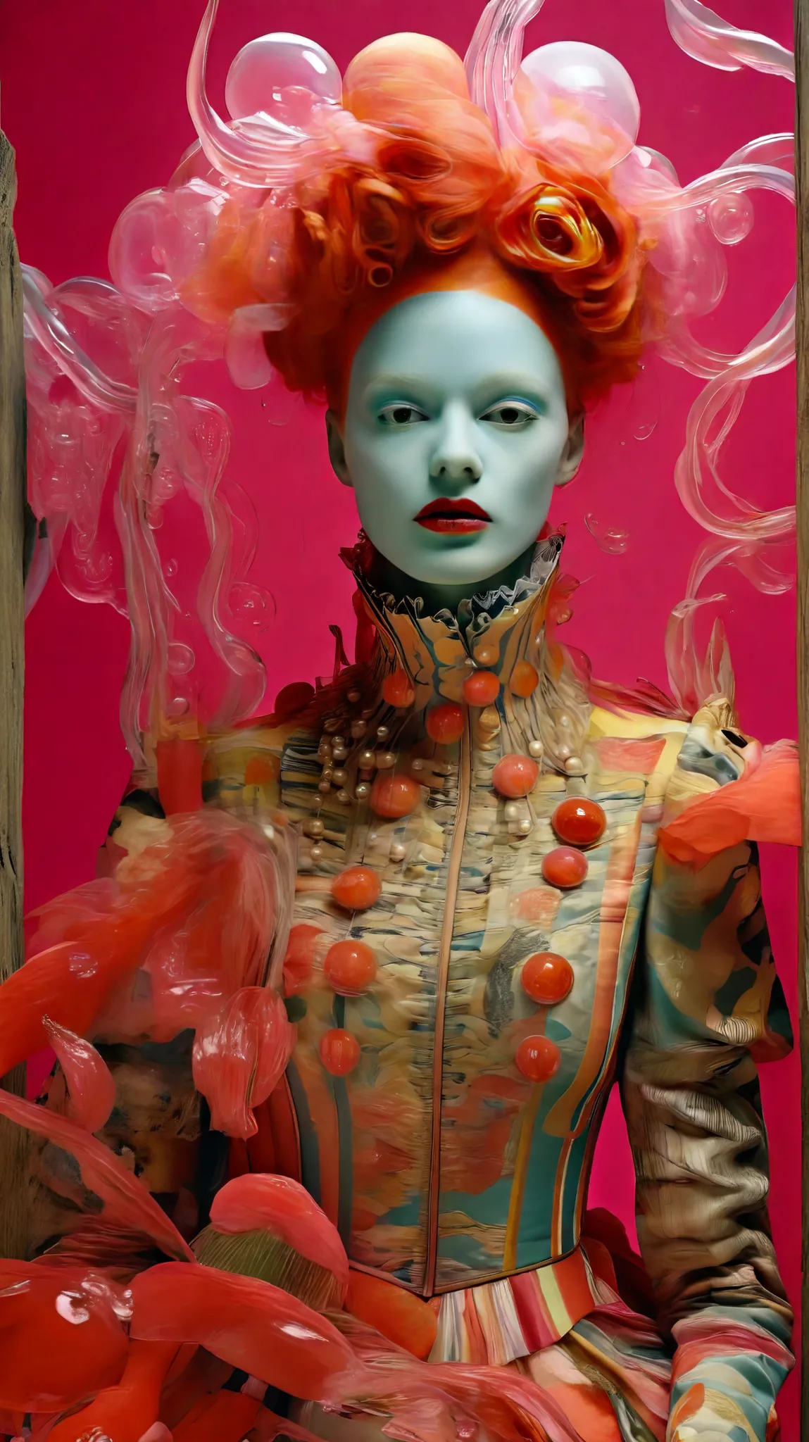 Tim Walker inspired, fashion photography, whimsical settings, surreal elements, creative storytelling, vibrant colors, (detailed face:1.05), hyperrealistic, photorealistic