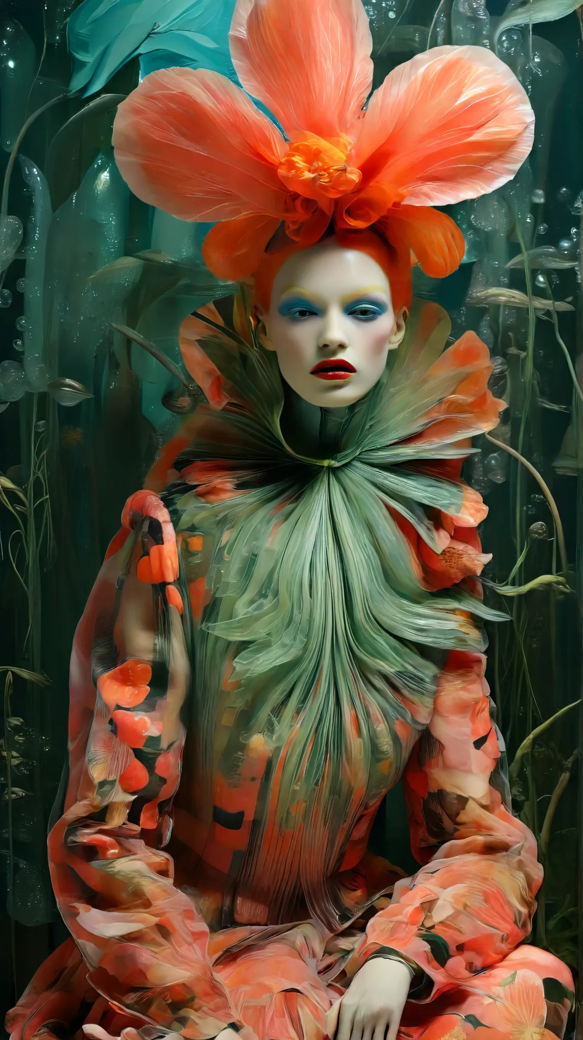 Tim Walker inspired, fashion photography, whimsical settings, surreal elements, creative storytelling, vibrant colors, (detailed face:1.05), hyperrealistic, photorealistic