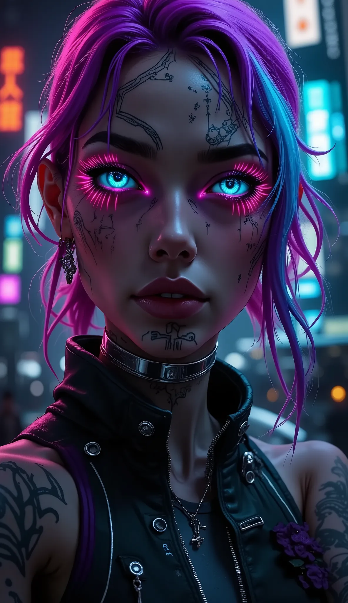 "Create a vivid portrait young woman with brightly colored hair in deep purple, neon pink , and electric turquoise. The shaved side of her head has a complex tattoo design, resembling an electronic circuit with light with neon blue and silver lines, micro...