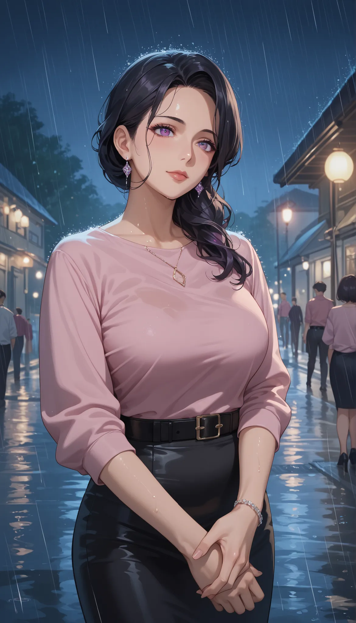 score_9, score_8_up, score_7_up, score_6, source _ anime, 1 Mature_, female, alone , black hair, violet eyes, straight hair holding people's arms, pink shirt, Black Belt, black skirt, black lace stockings, fondo una cateria, night , rai...