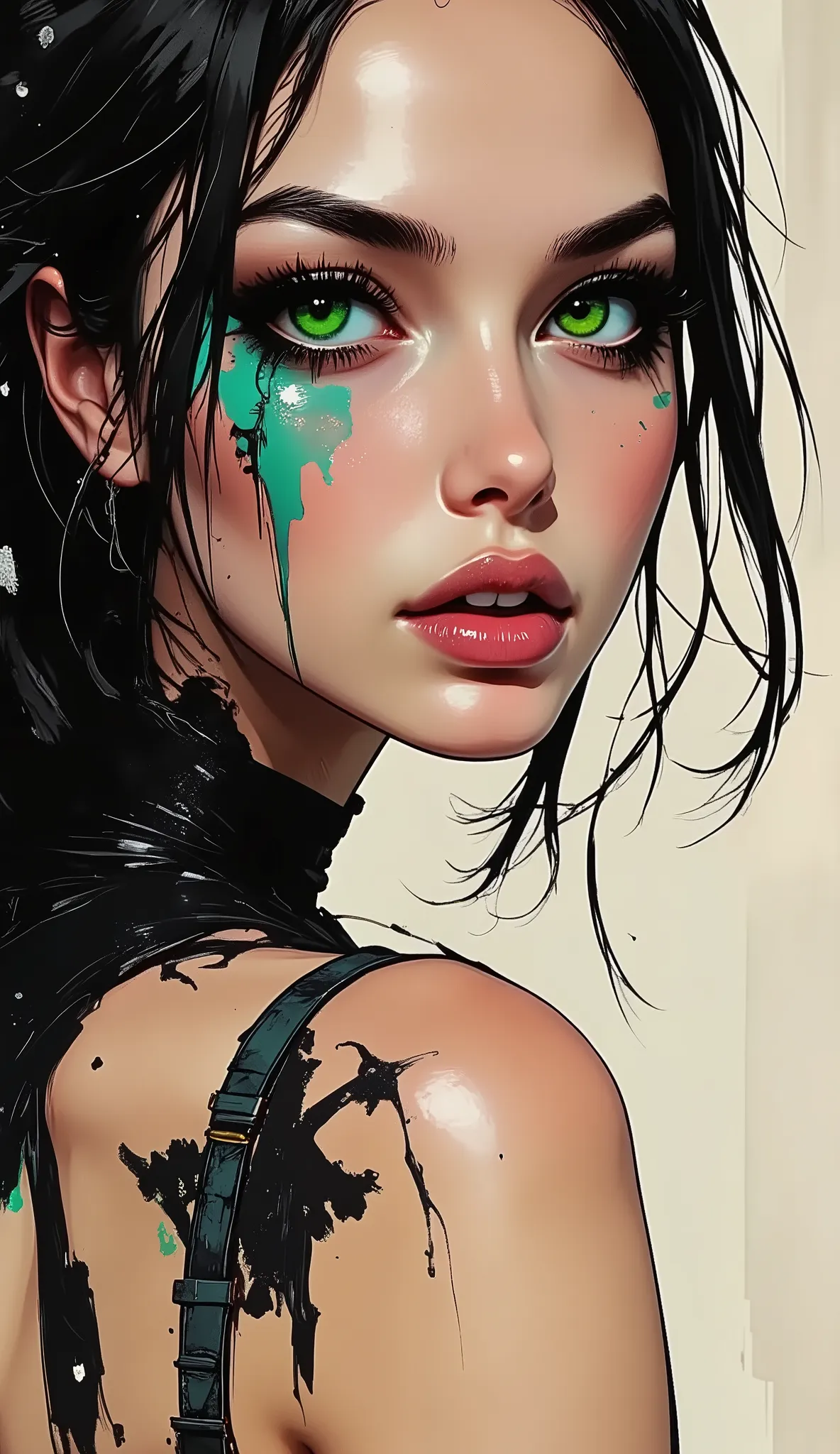 A close-up portrait illustration, side profile view of soft feminine features, striking bright green eyes with detailed eyelashes, pink glossy lips, delicate smooth skin with a slight rosy undertone, dramatic black strands of hair falling across the face, ...