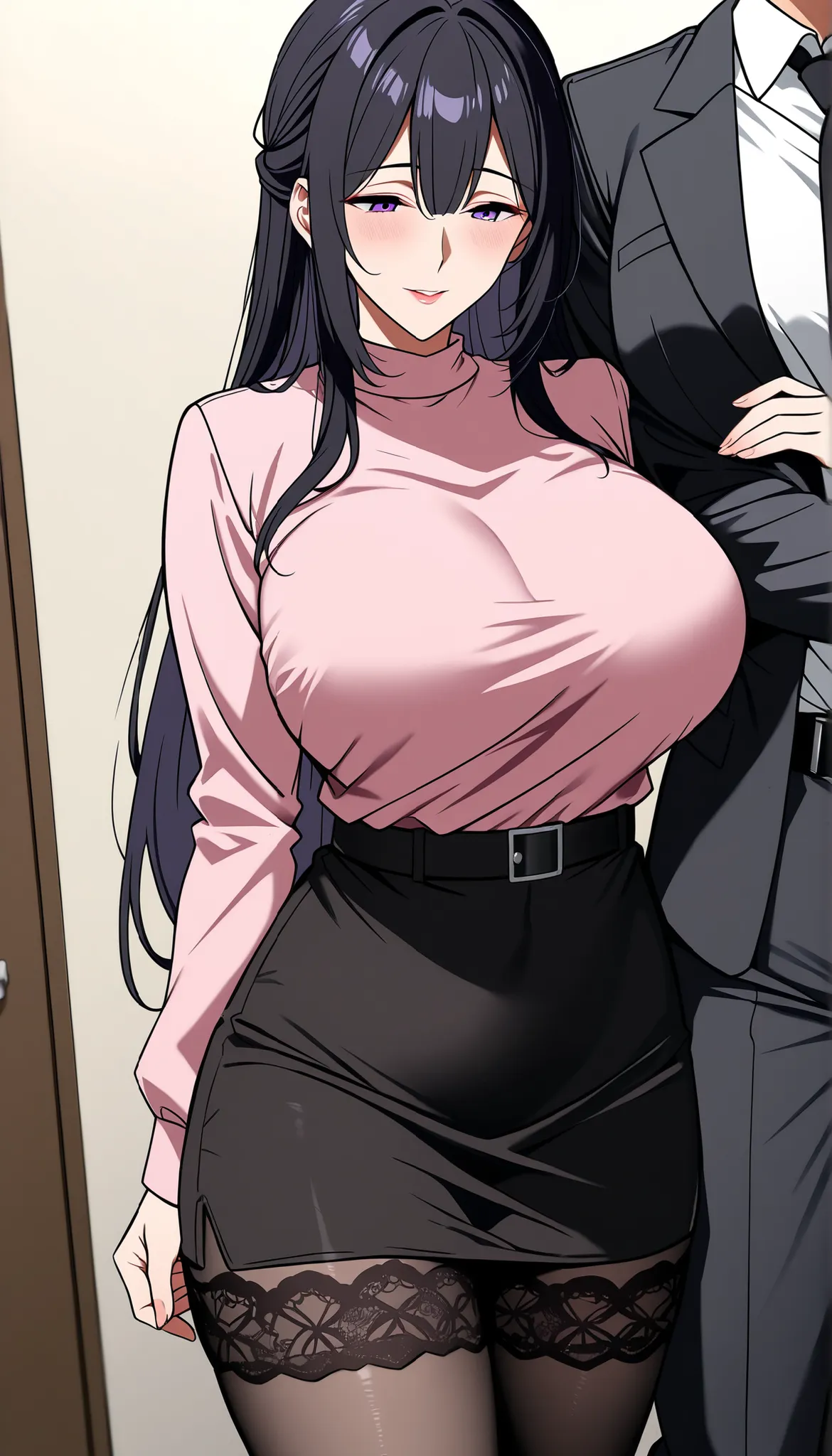 score_9, score_8_up, score_7_up, score_6, source _ anime, 1 Mature_, female, alone , black hair, violet eyes, straight hair holding people's arms, pink shirt, Black Belt, black skirt, black lace stockings, fondo una cateria, Comfortab...