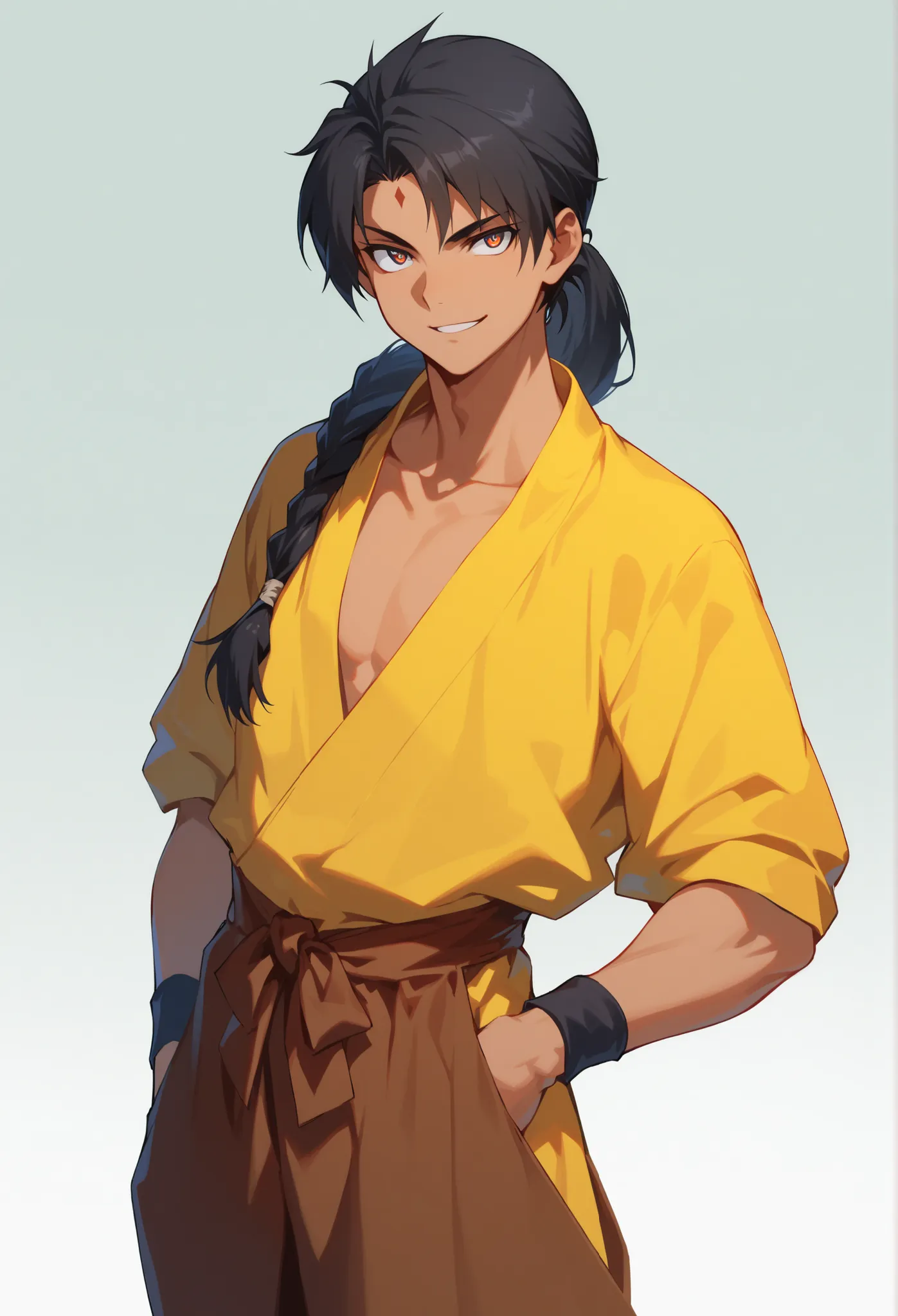 (high-quality, breathtaking),(expressive eyes, perfect face), symmetrical eyes, 1boy, male, solo, young adult, Sai Saici, Black Hair, Ponytail, Forehead Mark, Undone Hair, folded arms, upper body, waist shot, bright smile, sz4d3k
