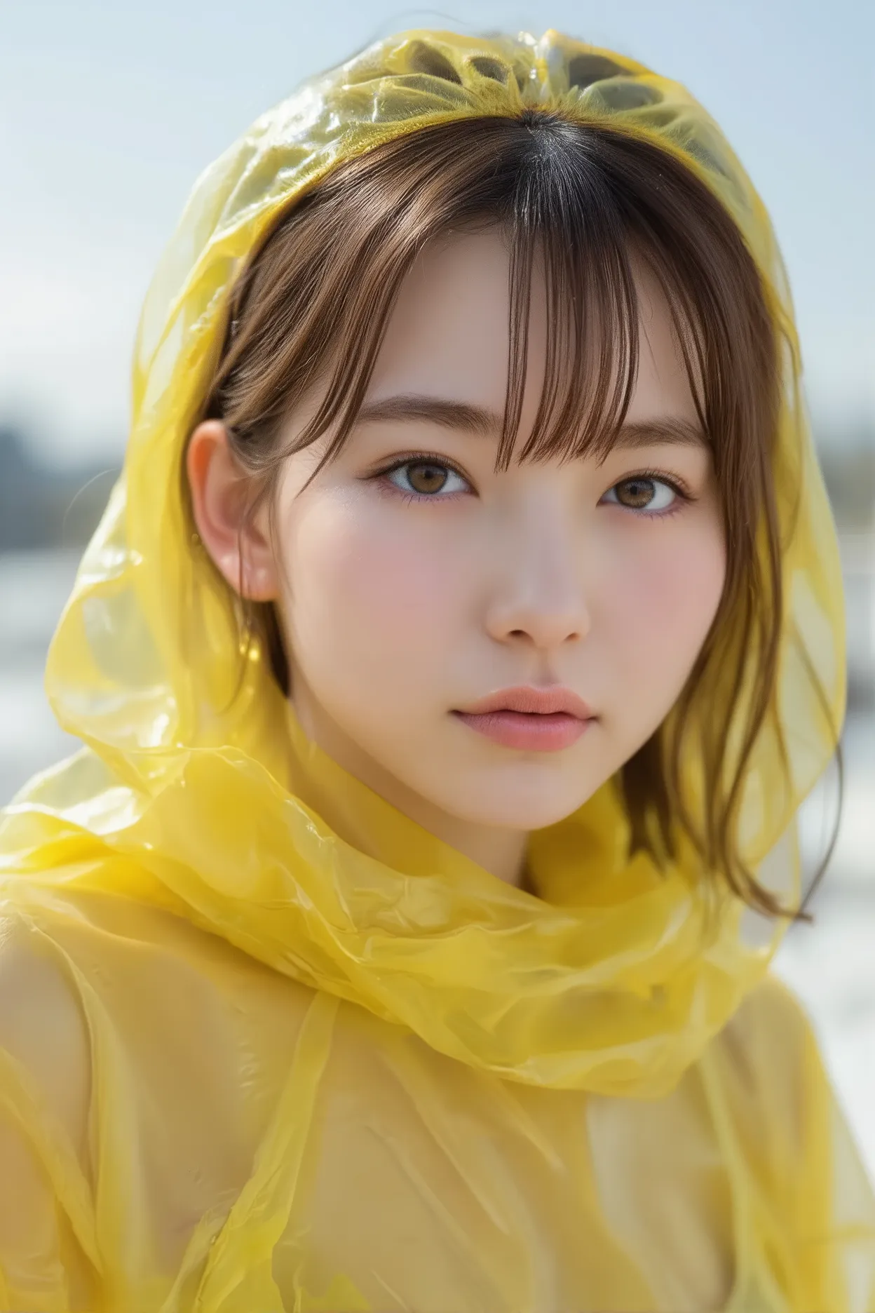 Overwhelmingly beautiful, has a face . she has full lips and clear features 、 is slender with the same golden brown hair and sharp blue-gray eyes. she maintains a perfect posture 、Very tall, LATEX　.fully wrapped in a yellow plastic bag 、 A beautiful white ...