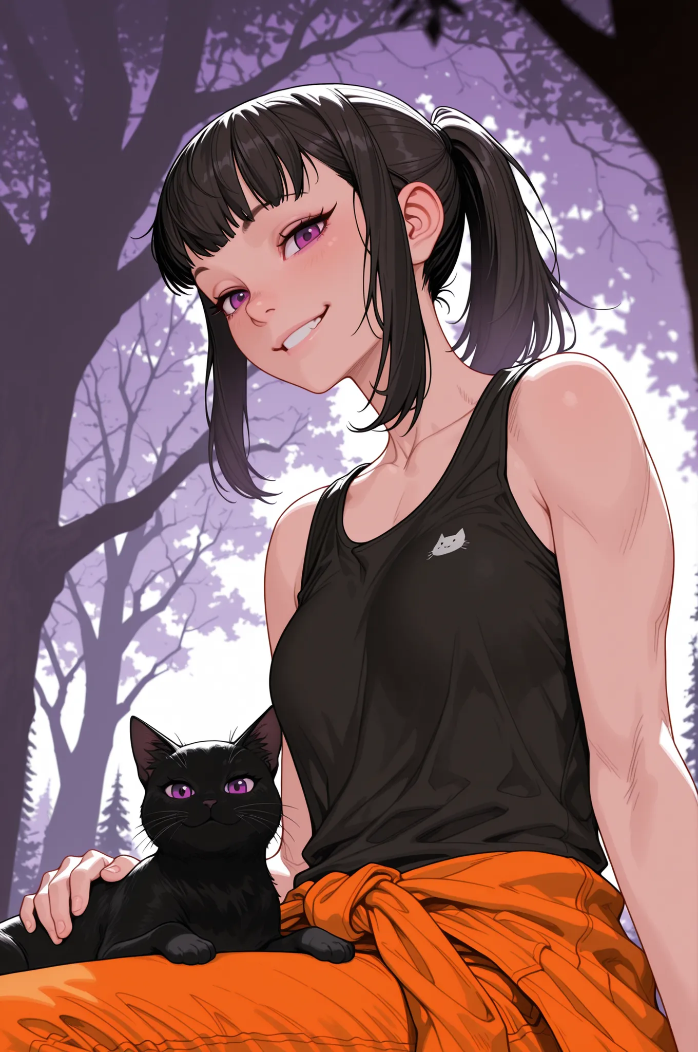 HDR, 8K, masterpiece, best quality, amazing quality, very aesthetic, realistic, newest, volumetric lighting, (flat colors:0.7), (artist:incase:0.3), (artist:tsuaii:0.3),Sinozick_illu, HassaKu_illu, maki_oze, 1girl, black hair, purple eyes, ponytail, bangs,...