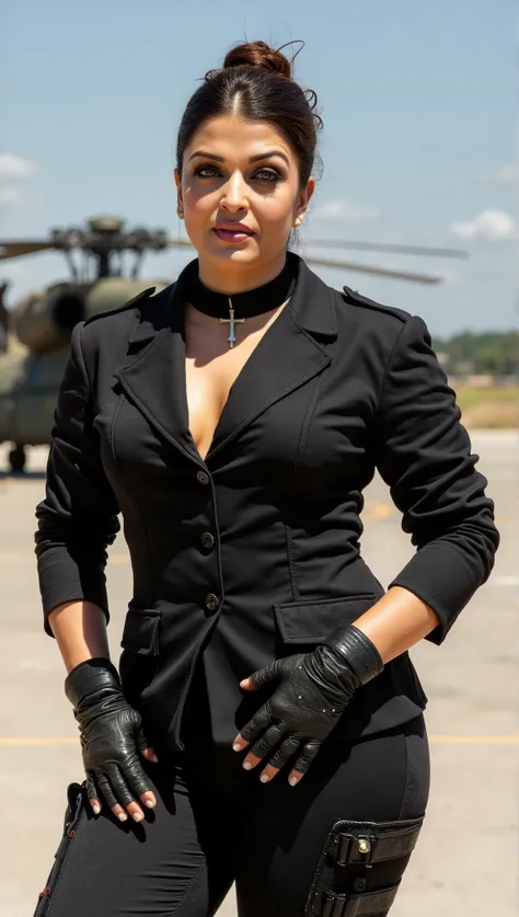 Full body photo of 50YO MATURE MILF AISHWARYA RAI as a SEXY ARMY MILF COMMANDO, WEARING FULL (((BLACK COMMANDO GEAR SHOWING MASSIVE CLEAVAGE AND MID RIFF))), ((((DARK SMOKY EYE MAKEUP WITH ARCHED EYEBROWS AND JESUS CROSS CHOKER IN NECK)))), COMBAT BOOTS, C...