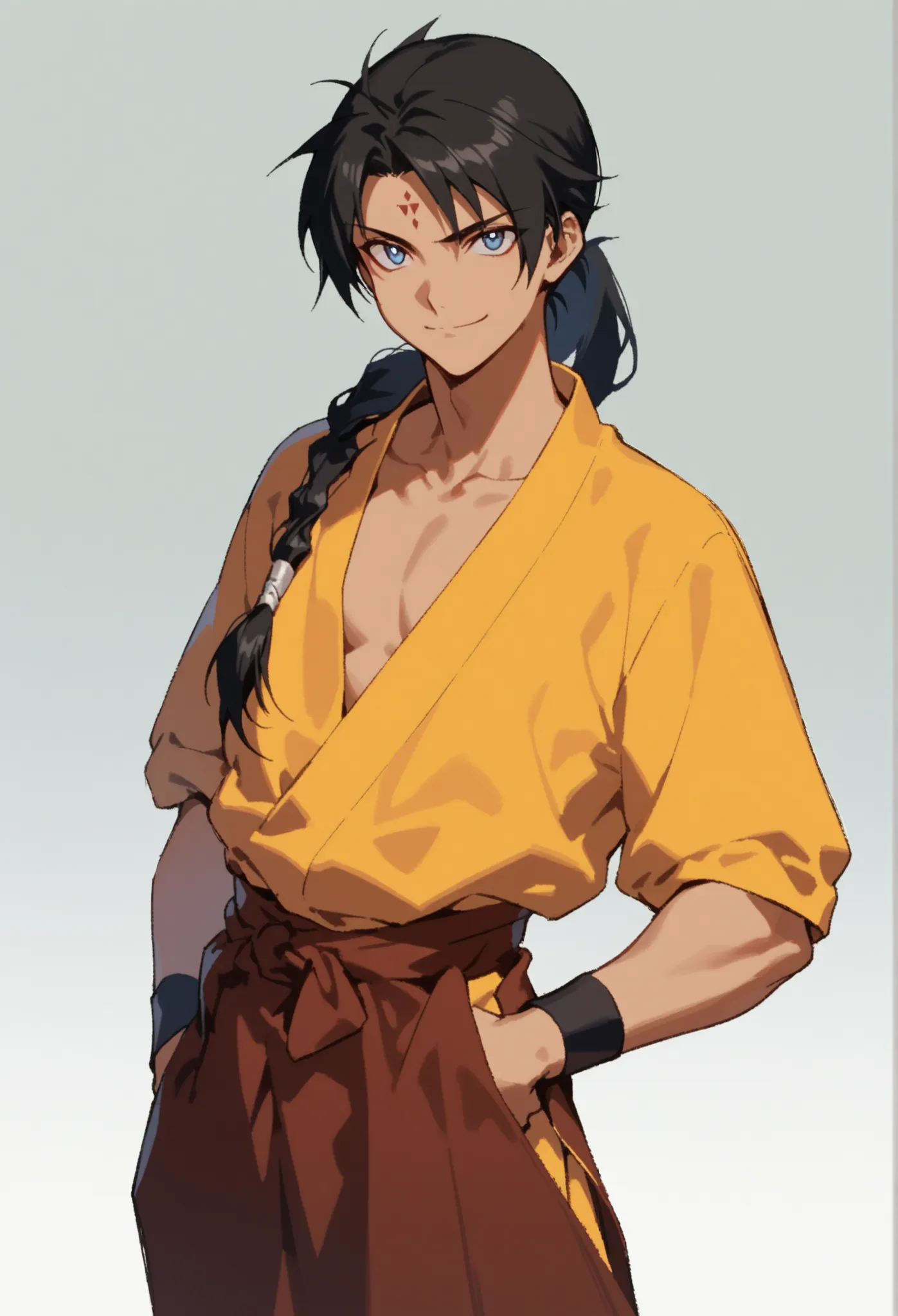 (high-quality, breathtaking),(expressive eyes, perfect face), symmetrical eyes, 1boy, male, solo, young adult, Sai Saici, Black Hair, Ponytail, Forehead Mark, Undone Hair, folded arms, upper body, waist shot, bright smile, sz4d3k
