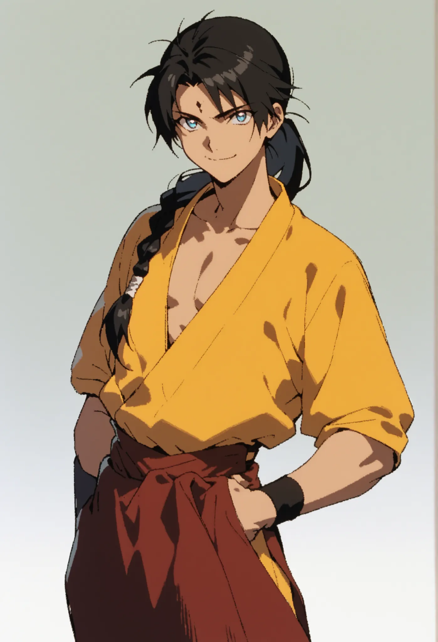(high-quality, breathtaking),(expressive eyes, perfect face), symmetrical eyes, 1boy, male, solo, young adult, Sai Saici, Black Hair, Ponytail, Forehead Mark, Undone Hair, folded arms, upper body, waist shot, bright smile, sz4d3k
