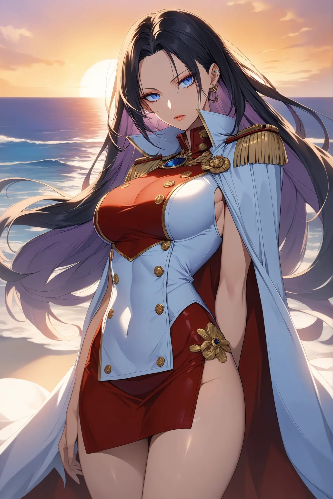 ((masterpiece)), ((extreme quality)), ((RAW 8K)), ((photorealistic anime style)), ((studio sunset lighting)), ((hyper-detailed skin texture)), ((natural warm tones)), ((extreme eye detail)),
Boa Hancock from One Piece, standing still and poised with power...