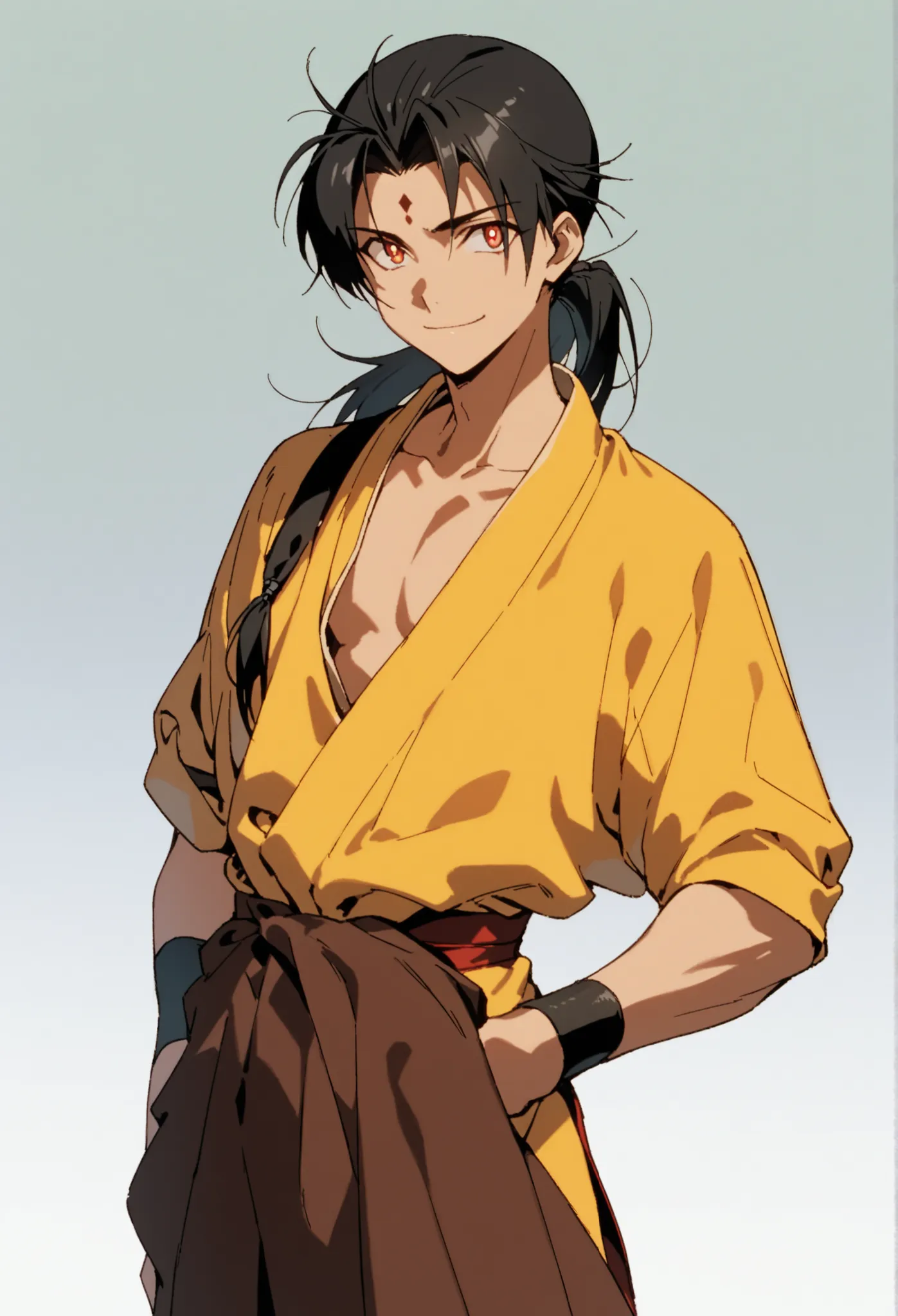 (high-quality, breathtaking),(expressive eyes, perfect face), symmetrical eyes, 1boy, male, solo, young adult, Sai Saici, Black Hair, Ponytail, Forehead Mark, Undone Hair, folded arms, upper body, waist shot, bright smile, sz4d3k
