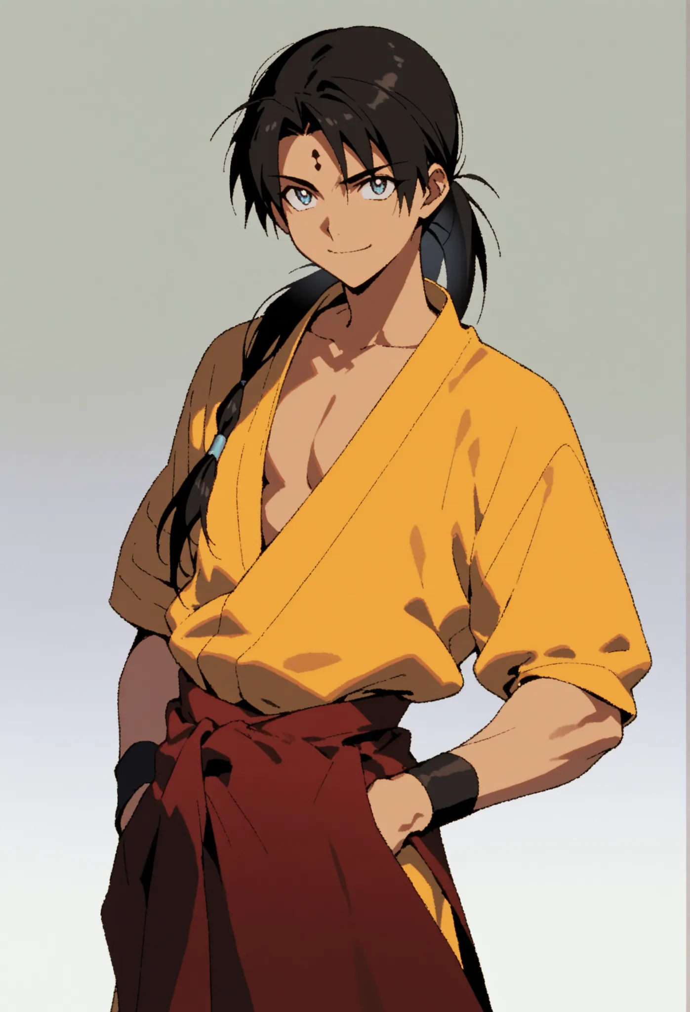 (high-quality, breathtaking),(expressive eyes, perfect face), symmetrical eyes, 1boy, male, solo, young adult, Sai Saici, Black Hair, Ponytail, Forehead Mark, Undone Hair, folded arms, upper body, waist shot, bright smile, sz4d3k
