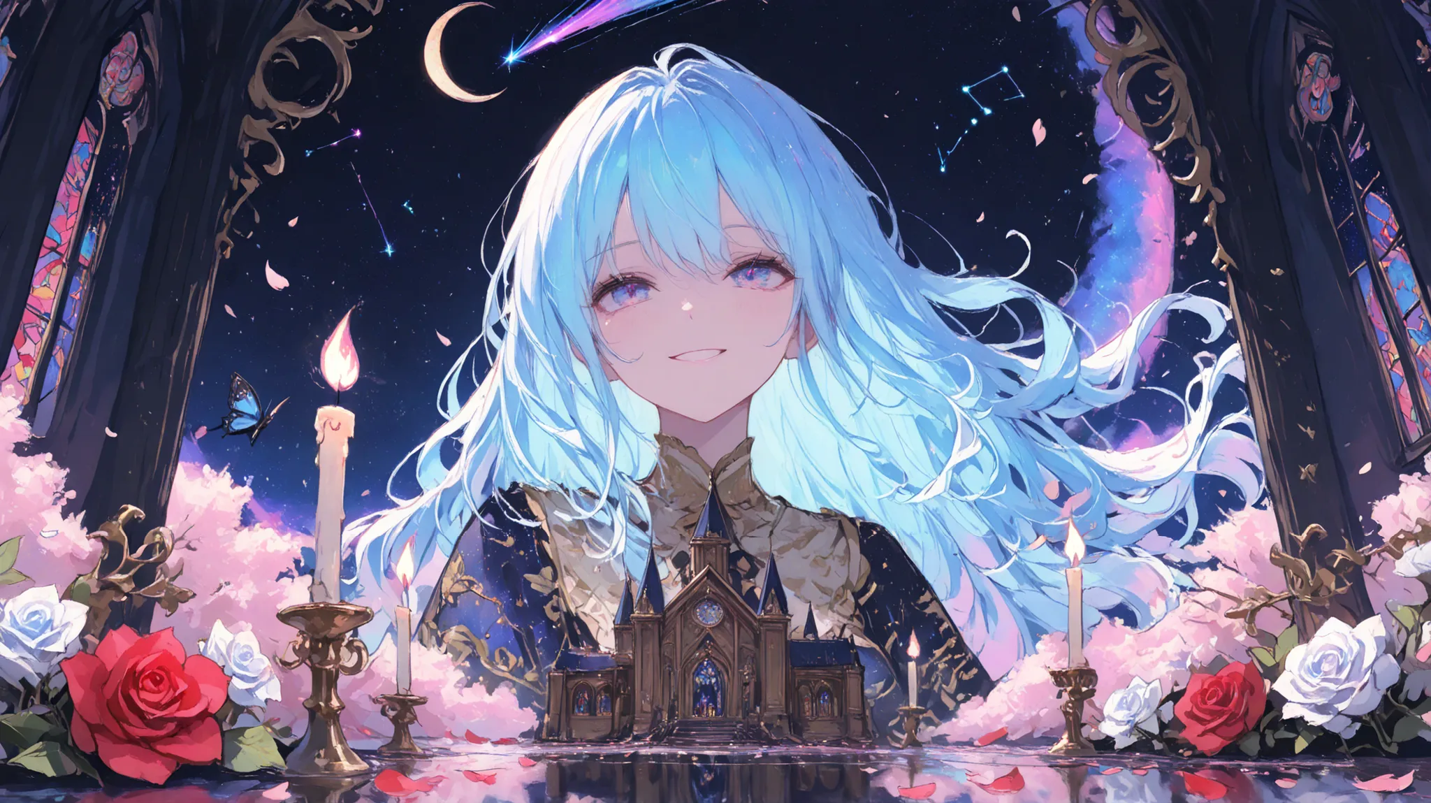 ((masterpiece:1.4)), (Highest Quality), (Super Detail), anime style, 1 girl, blue hair, long hair, note, shooting star, space, galaxy, auroras, Seven-colored light, Red Rose , Purple Rose, White Rose, face close-up, butterfly, constellation, Girl Ridin...