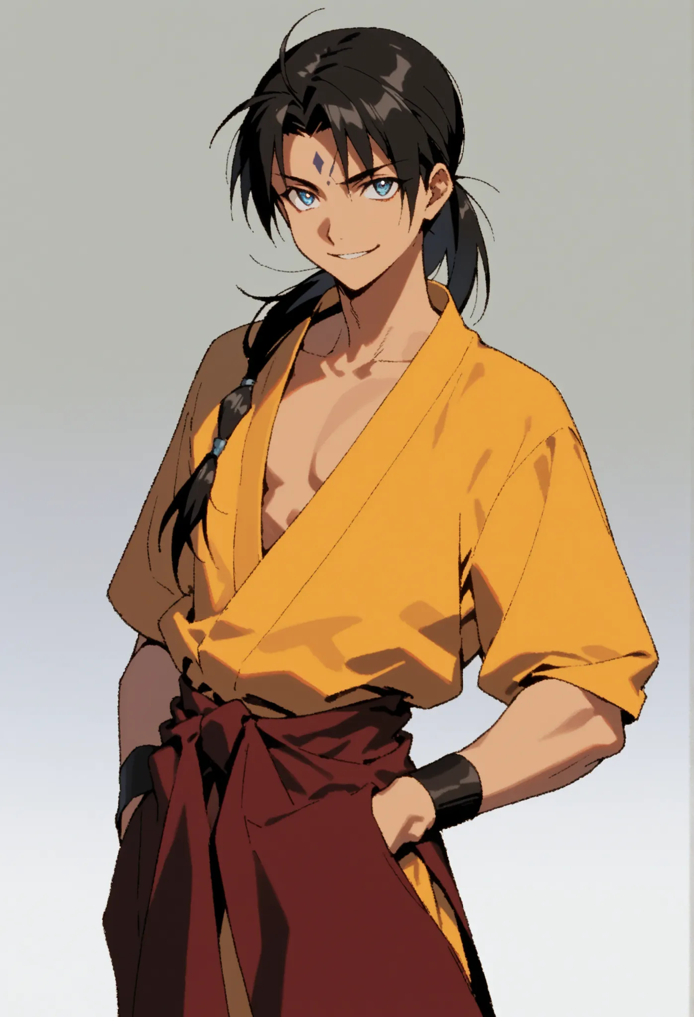 (high-quality, breathtaking),(expressive eyes, perfect face), symmetrical eyes, 1boy, male, solo, young adult, Sai Saici, Black Hair, Ponytail, Forehead Mark, Undone Hair, folded arms, upper body, waist shot, bright smile, sz4d3k
