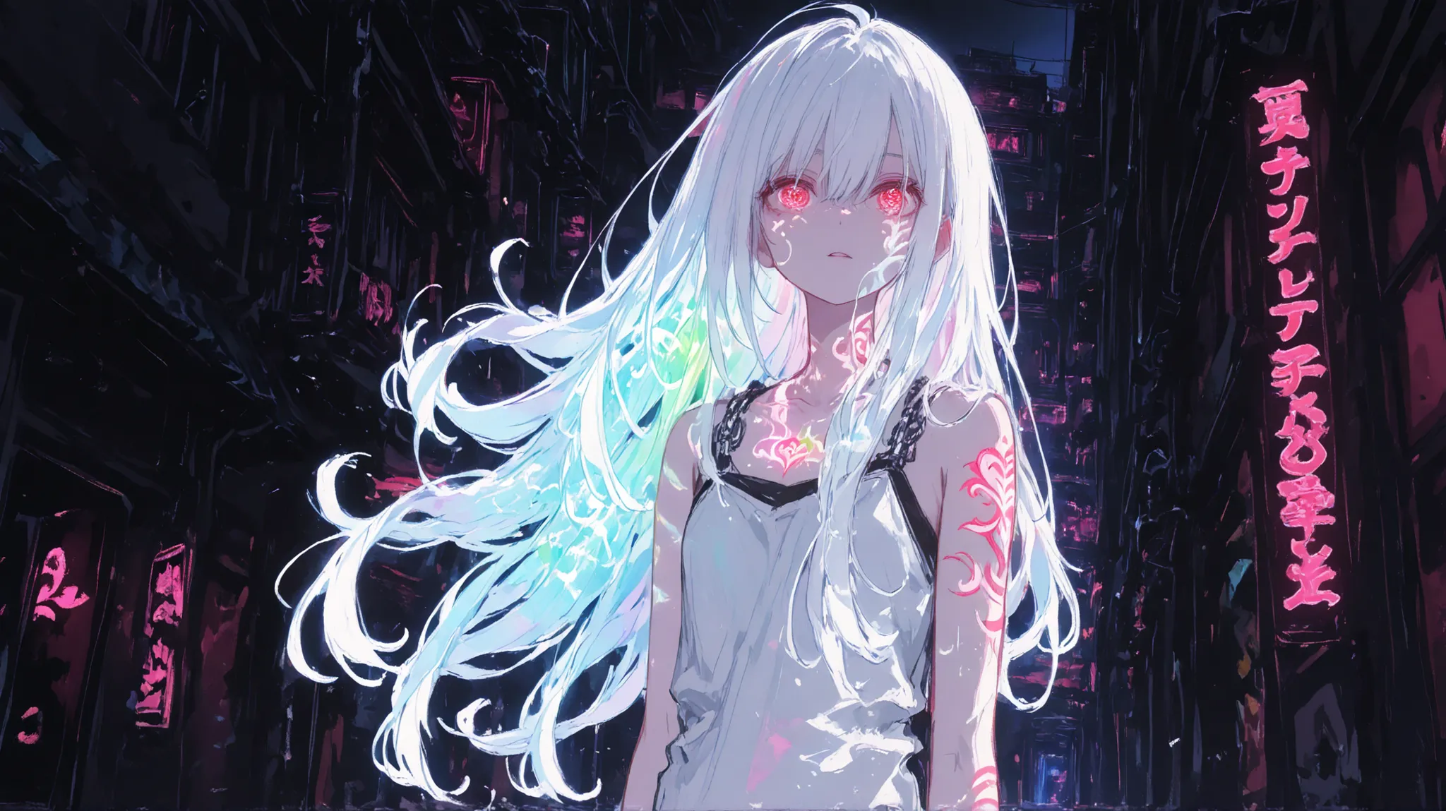 anime screenshot, artistic illustration of a female anime character with glowing neon flowers and chain tattoos all over her face and body. The tattoo on his arm is a mix of white and red., Rainbow and white light, Emit neon lights. Wearing、flowing hair ...