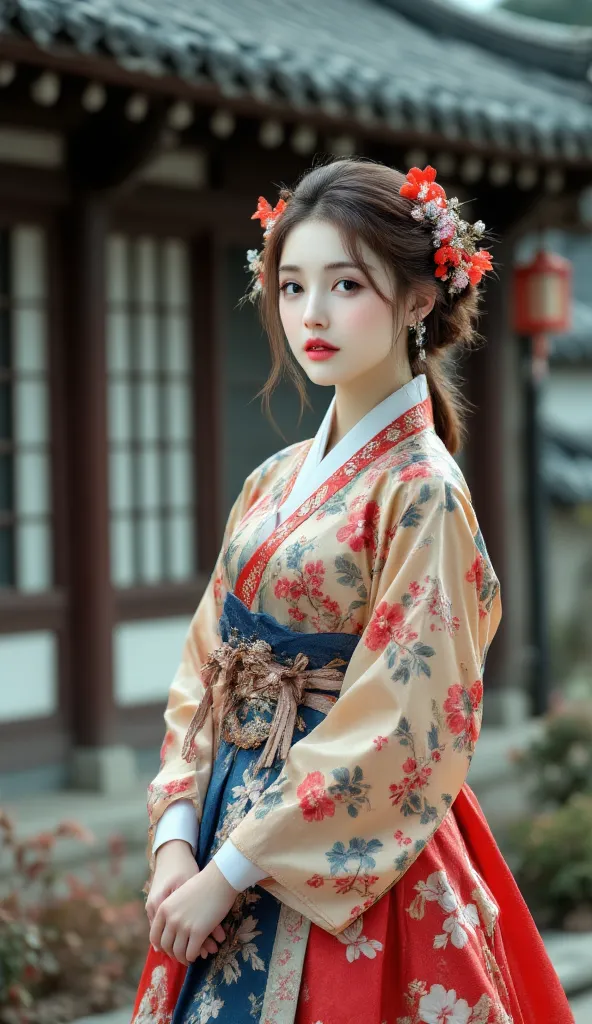 Full body photo of a beautiful beautiful Korean girl wearing Hanbok, Traditional Korean Tiled House Background, Traditional Asian Dress, Delicate Details of Hanbok, Traditional Atmosphere, 4k, high resolution, Realistic, photo-like realism, HDR, Professional Level Detailed Description, Vibrant Colors, perfect focus