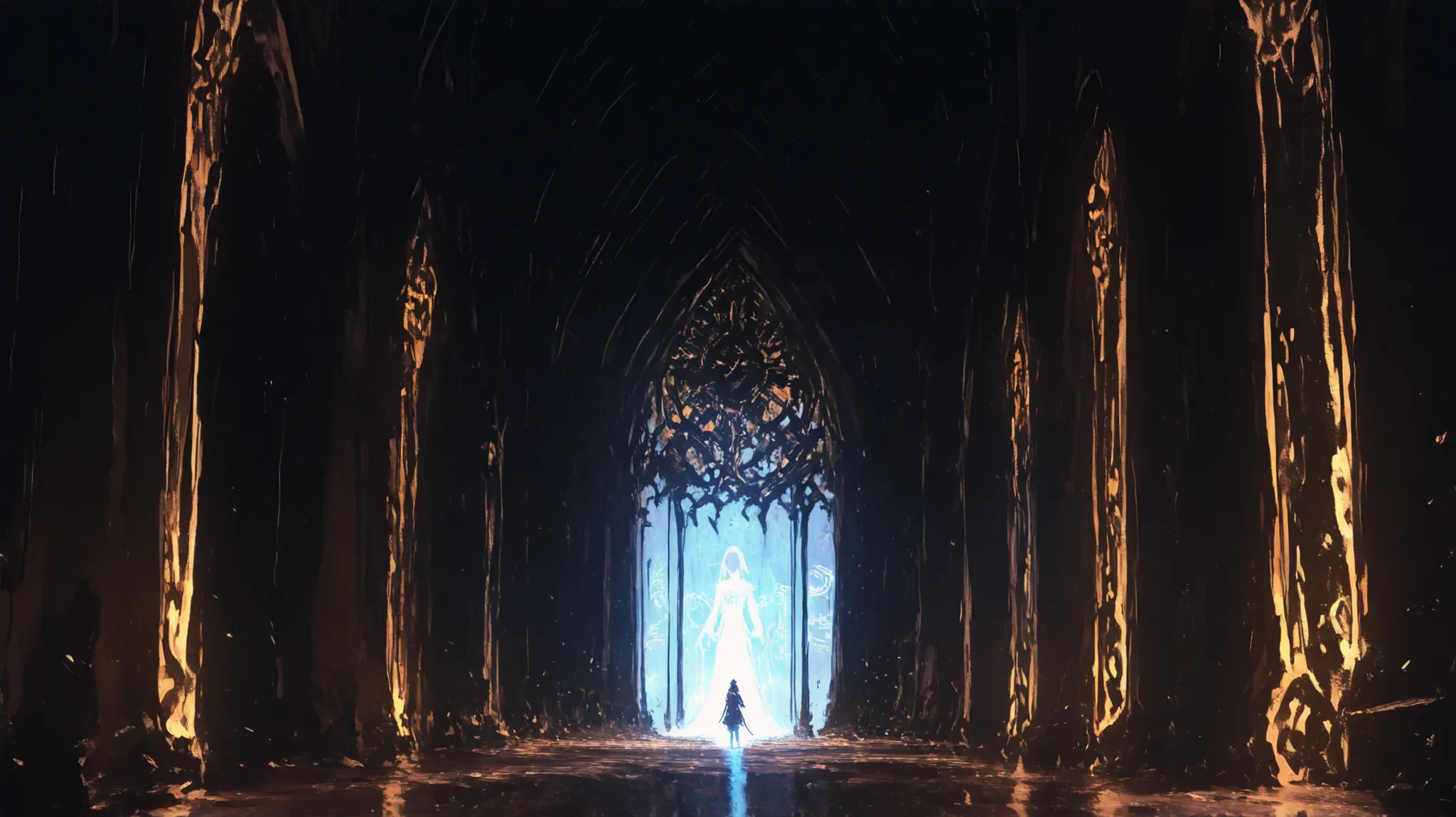 Dark fantasy portals, Beyond complex fantasy worlds, Blinding background lighting, Translucent holographic lighting through the interior, Brilliant light to add color to the background, Avoiding Perfect Silhouettes , Very strong background lighting, Escap...