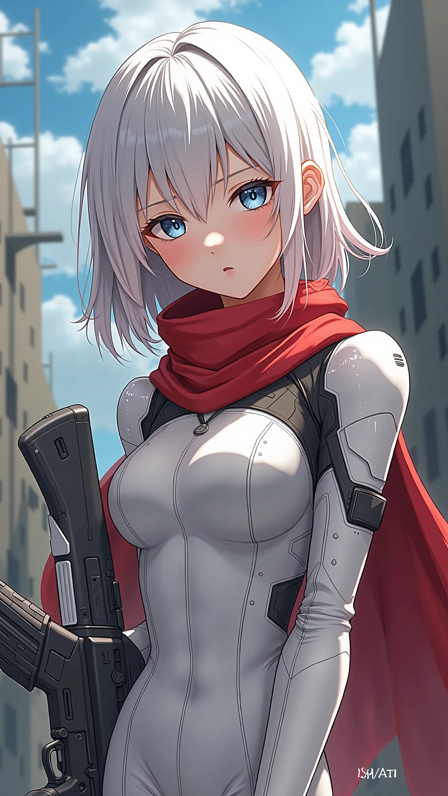  in high definition、長髪のCyborg 009 girl が街にいる, digital  Cyberpunk Anime Art , （Cyborg 009 girl ） white dress with red scarf 。 Mech,  female anime cyberpunk art ,  cute cyborg girl,   digital cyberpunk - anime art  ,  Cyberpunk Anime Art ,   cyberpunk,  anime style 4k with AK5 rifle,  perfect android girl , Cyberpunk beautiful girl, Beautiful girl cyborg。 ruined city。サイバーシティが背景に.