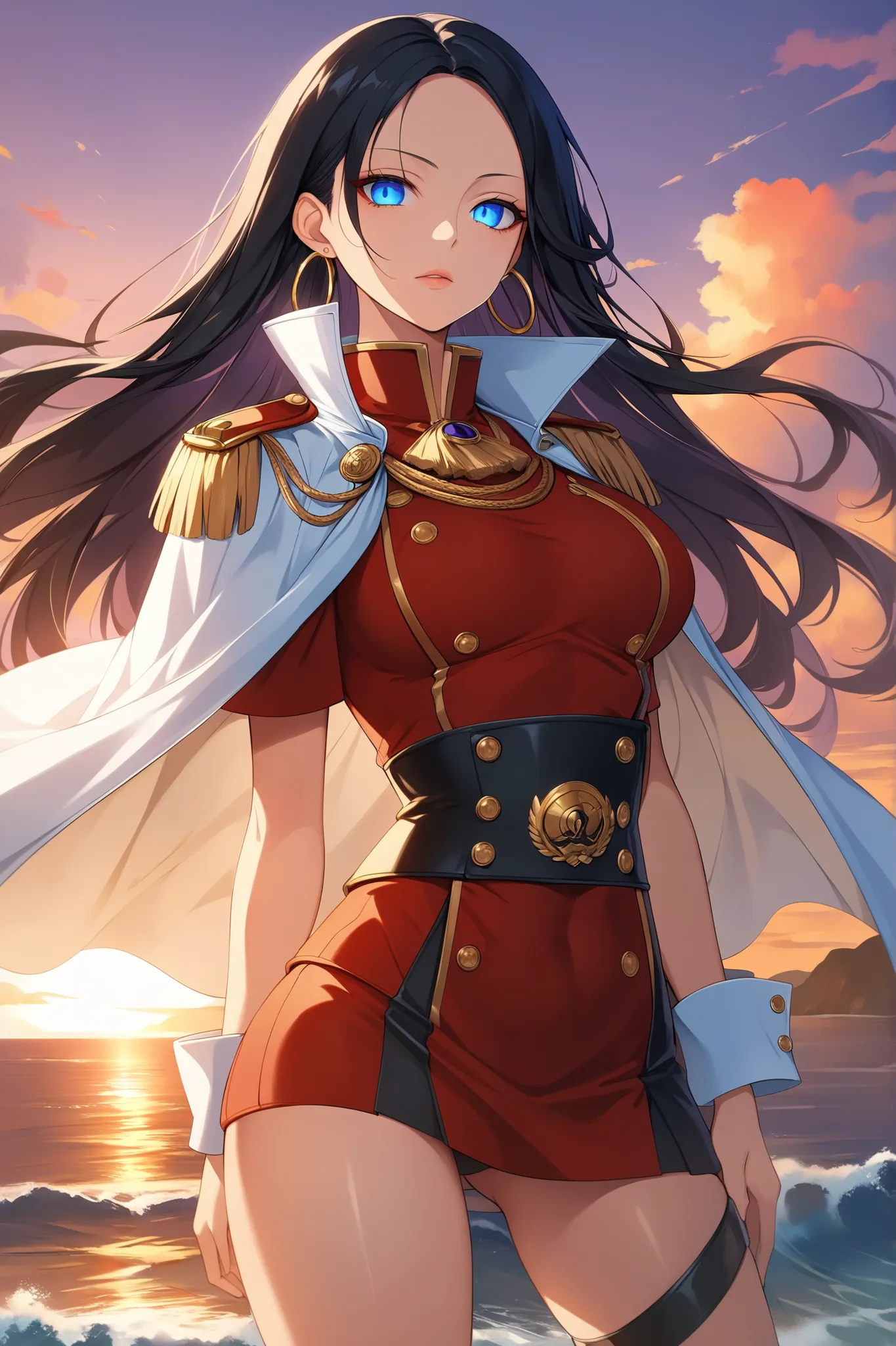 ((masterpiece)), ((extreme quality)), ((RAW 8K)), ((photorealistic anime style)), ((studio-grade sunset lighting)), ((hyper-detailed skin texture)), ((natural warm tones)), ((extreme eye detail)), Boa Hancock from One Piece, reimagined as a graceful yet co...