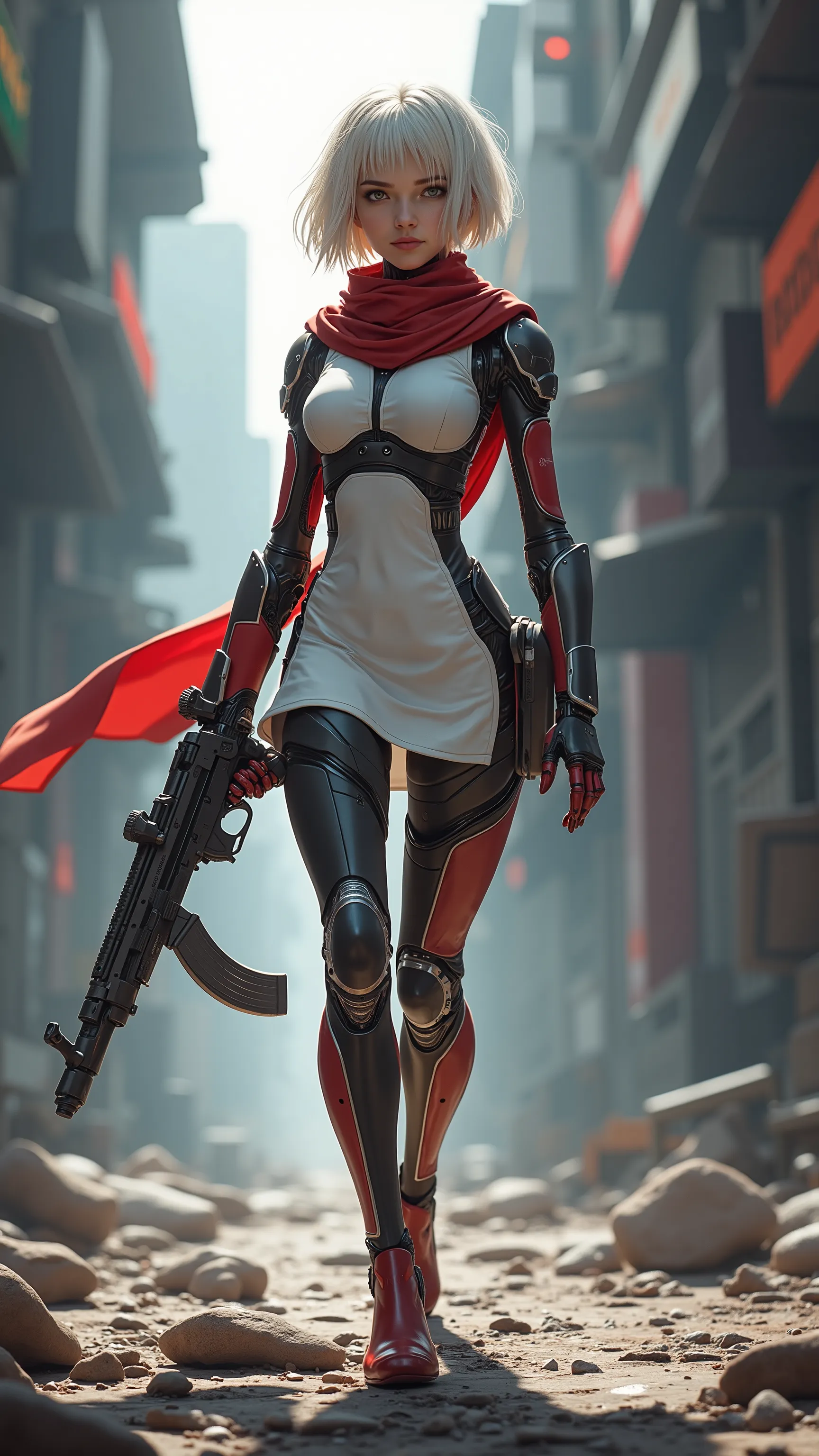  in high definition、長髪のCyborg 009 girl が街にいる, digital  Cyberpunk Anime Art , （Cyborg 009 girl ） white dress with red scarf 。 Mech,  female anime cyberpunk art ,  cute cyborg girl,   digital cyberpunk - anime art  ,  Cyberpunk Anime Art ,   cyberpunk,  anime style 4k with AK5 rifle,  perfect android girl , Cyberpunk beautiful girl, Beautiful girl cyborg。 ruined city。サイバーシティが背景に.