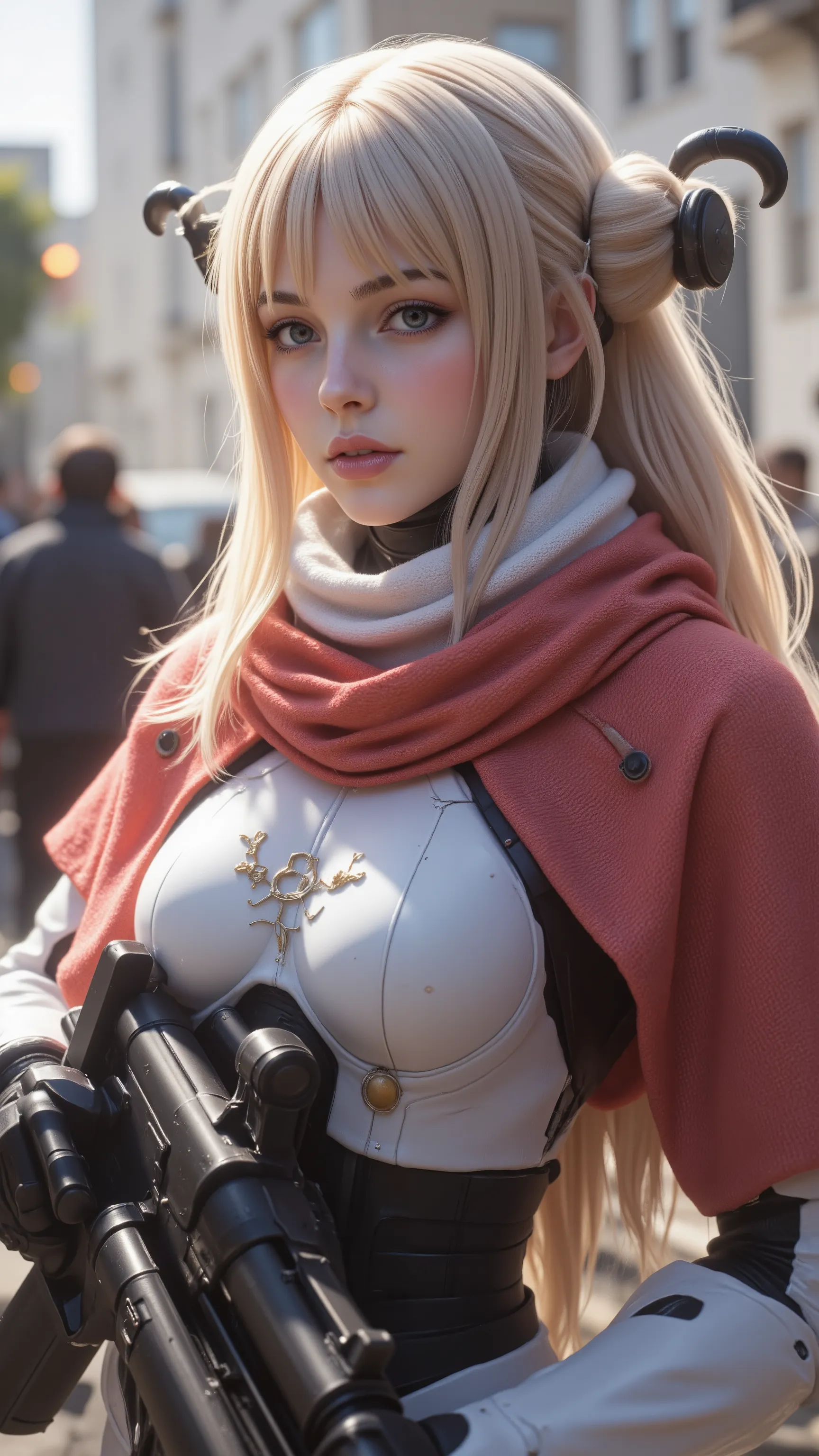 in high definition、長髪のCyborg 009 girl が街にいる, digital Cyberpunk Anime Art , (Cyborg 009 girl ) white dress with red scarf 。 Mech, female anime cyberpunk art , cute cyborg girl, digital cyberpunk - anime art , Cyberpunk Anime Art , cyberpunk, anim...