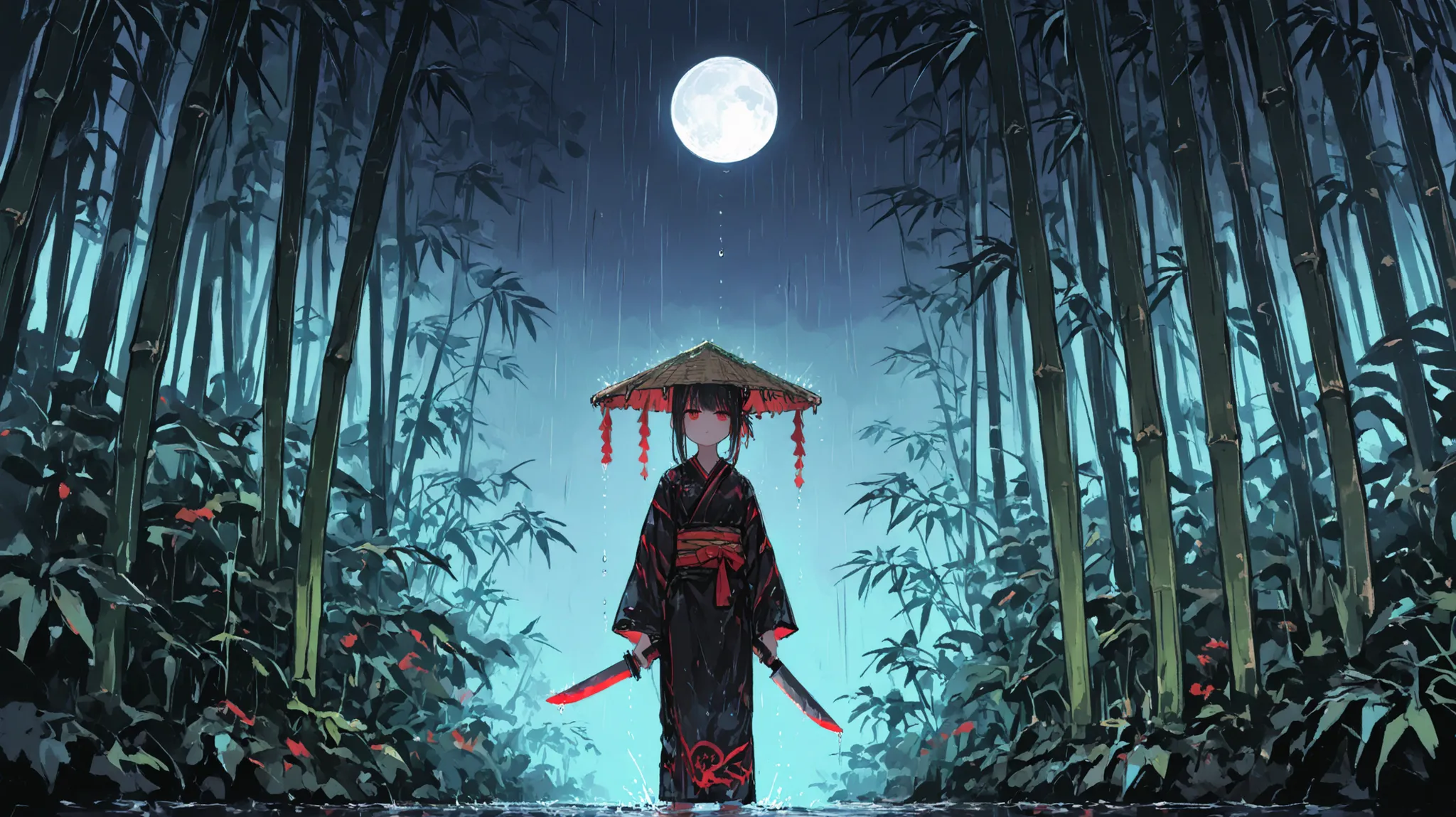 (better quality,Super Detail),dim,wet, Artificial Raindrops Falling , Ancient Japanese Warriors Standing in the Rain , Traditional Japanese Bamboo Hat (Casa ), Jungle Scenery , Magnificent and Quiet Nature ,Full moon shining in the night sky, Black Kimono ...
