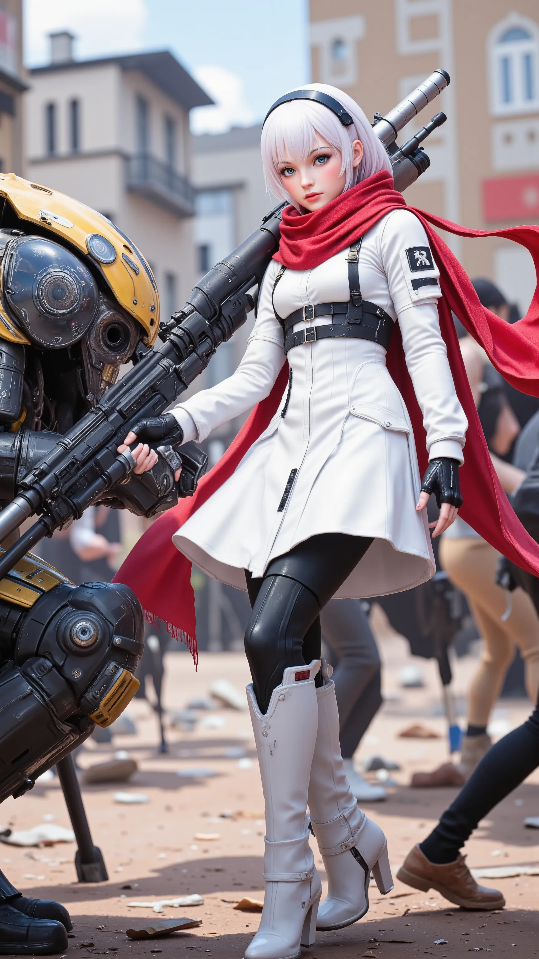  in high definition、長髪のCyborg 009 girl が街にいる, digital  Cyberpunk Anime Art , （Cyborg 009 girl ） white dress with red scarf 。 Mech,  female anime cyberpunk art ,  cute cyborg girl,   digital cyberpunk - anime art  ,  Cyberpunk Anime Art ,   cyberpunk,  anime style 4k with AK5 rifle,  perfect android girl , Cyberpunk beautiful girl, Beautiful girl cyborg。 ruined city。サイバーシティが背景に.