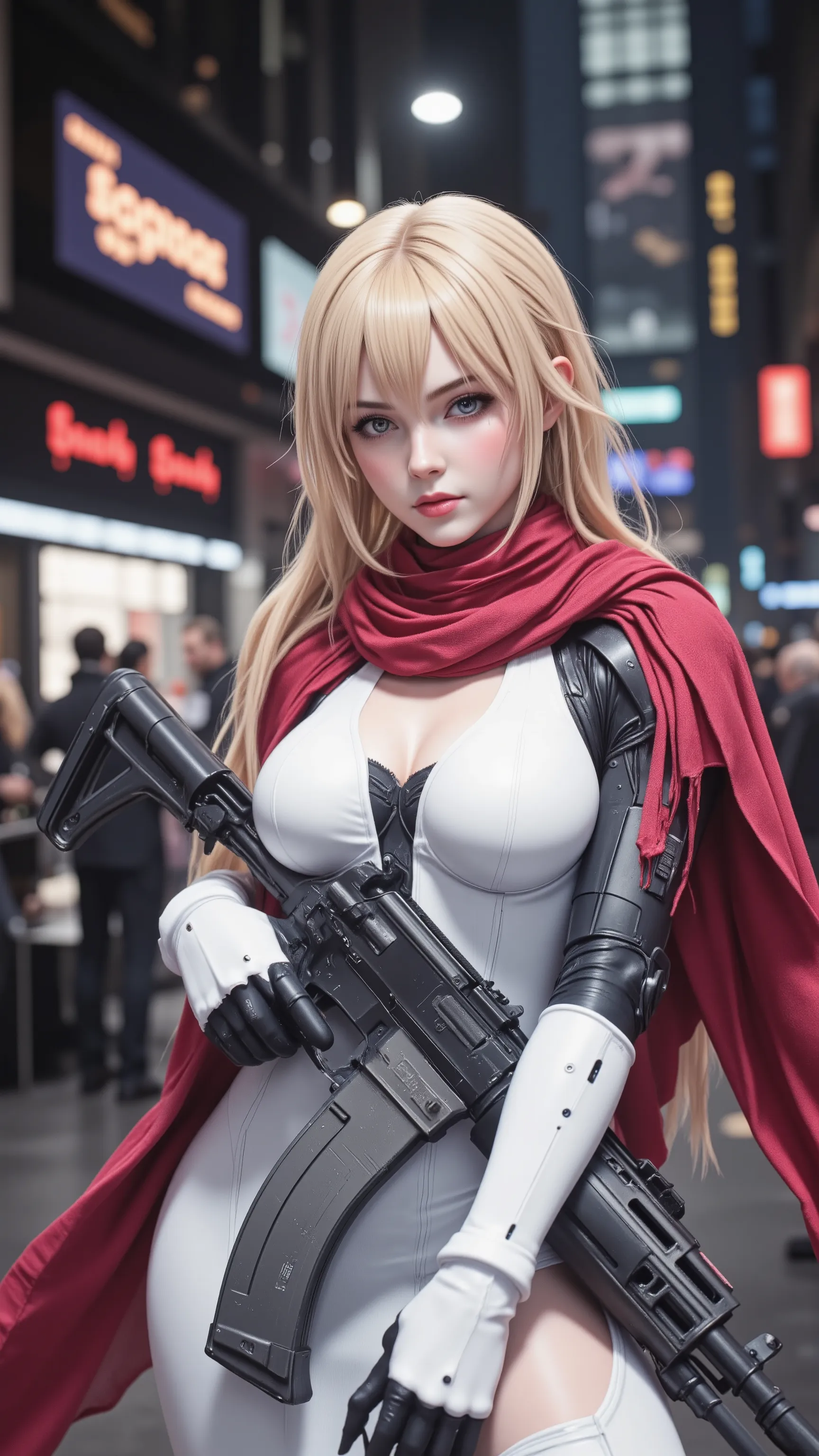  in high definition、長髪のCyborg 009 girl が街にいる, digital  Cyberpunk Anime Art , （Cyborg 009 girl ） white dress with red scarf 。 Mech,  female anime cyberpunk art ,  cute cyborg girl,   digital cyberpunk - anime art  ,  Cyberpunk Anime Art ,   cyberpunk,  anime style 4k with AK5 rifle,  perfect android girl , Cyberpunk beautiful girl, Beautiful girl cyborg。 ruined city。サイバーシティが背景に.