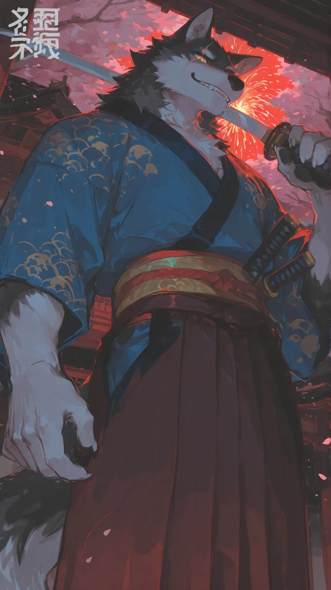 1 Uncle,(((middle-aged_male:1.5))),old_man:0.5,Gray Wolf,furry,shrine, cherry blossom trees ,Cherry blossoms all over the place, front view,golden eyes,gray fur,white body,Short kimono top with orange-red fireworks pattern,blue short kimono top,Brown red p...