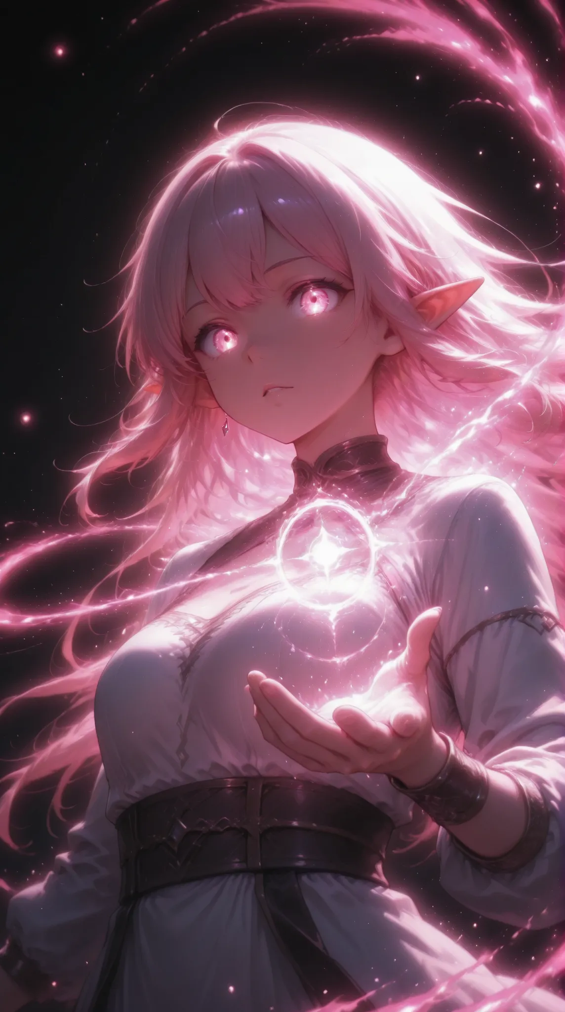  score_9, score_8_up, score_7_up, masterpiece, source_anime,1girl ,Limited Palette , black background, colorful ,Glowing face,neon, black light,detail eyes,iris,dynamic motion,elf,clear colors ,spell magic,dynamic effect