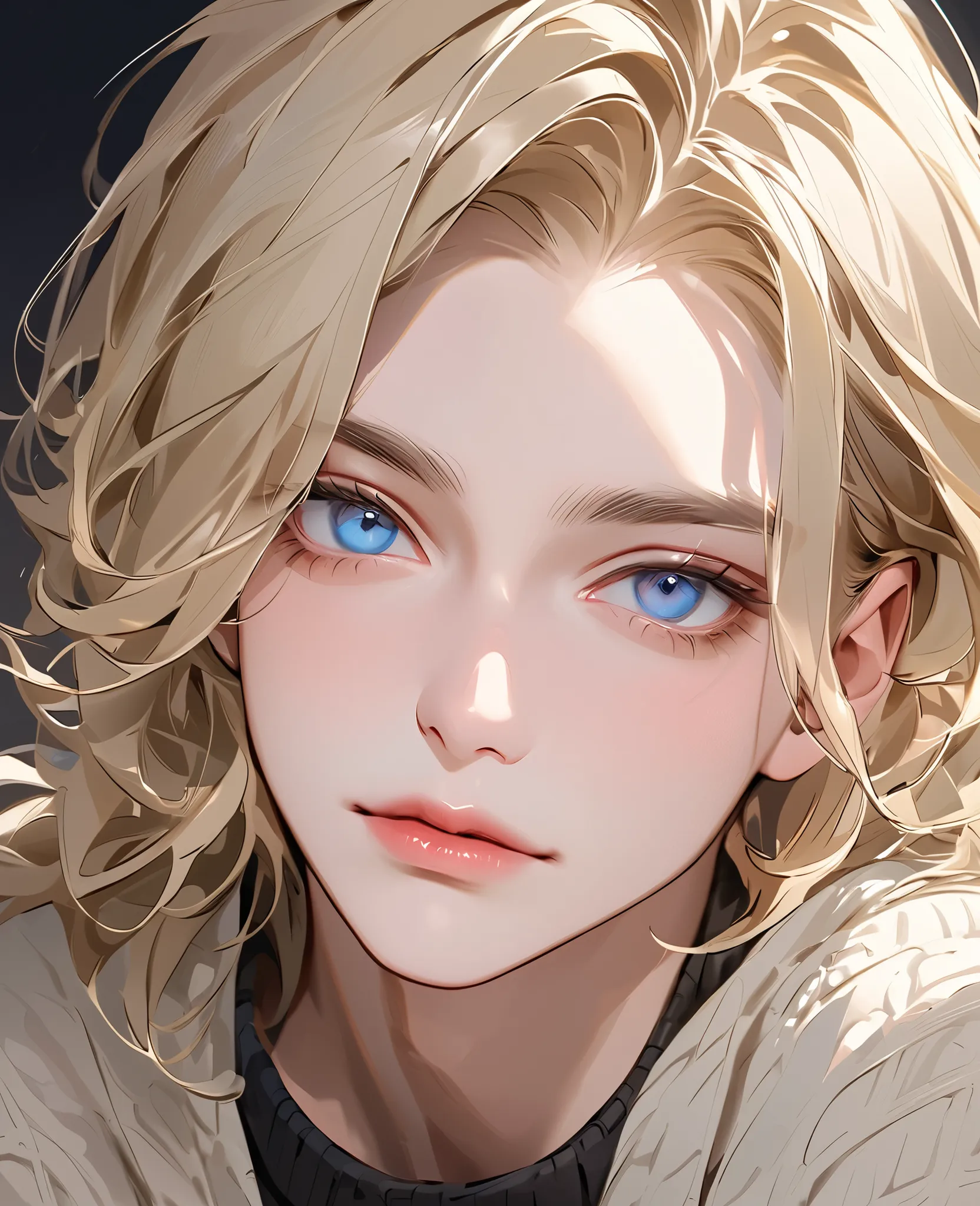 Boy, with long blonde hair, dark blue eyes, sharp features, light white skin, light pink lips, handsome, perfect, elegant, wearing a brown sweater, black sweater, bright and clear colors, high quality resolution.