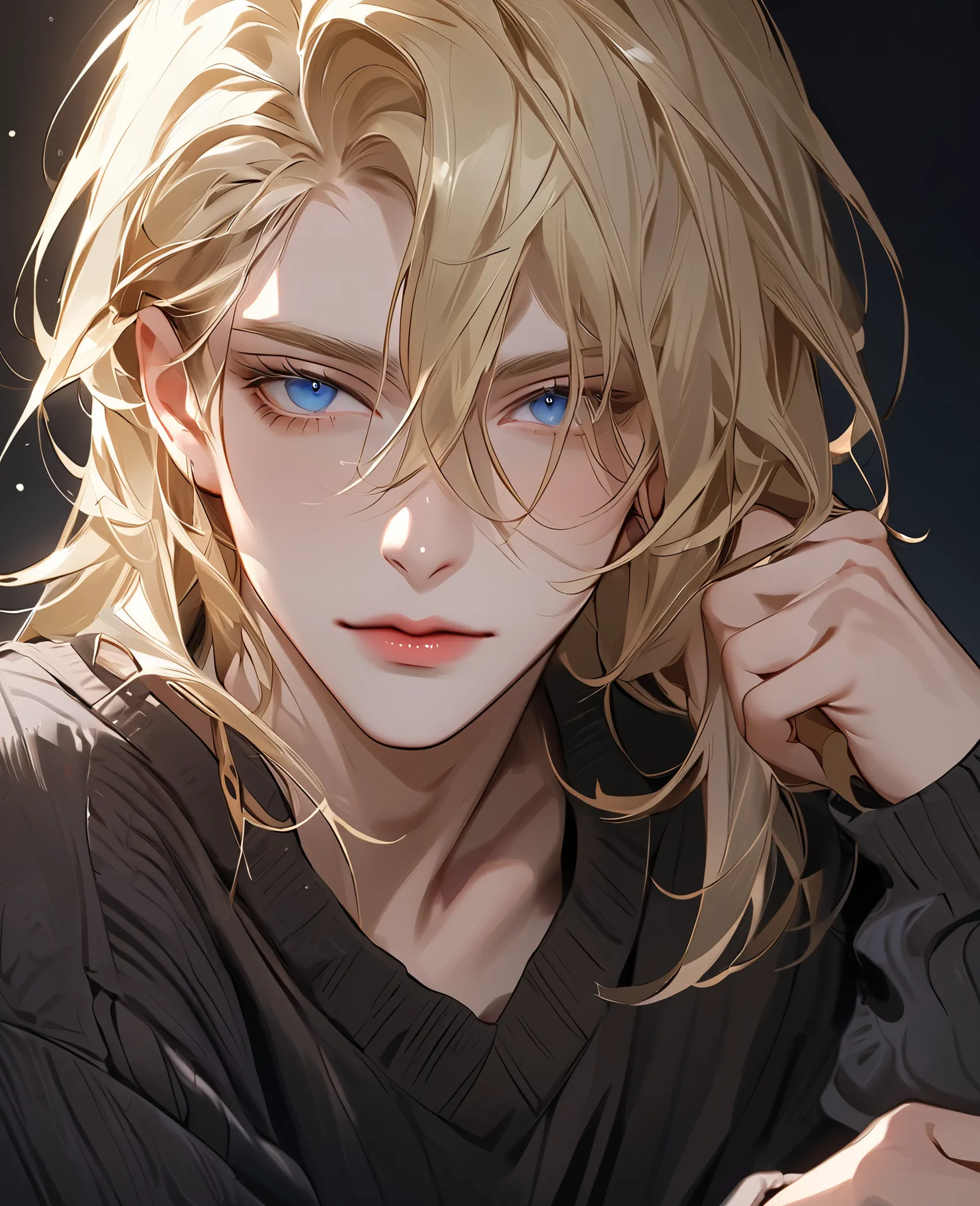 Boy, with long blonde hair, dark blue eyes, sharp features, light white skin, light pink lips, handsome, perfect, elegant, wearing a brown sweater, black sweater, bright and clear colors, high quality resolution.