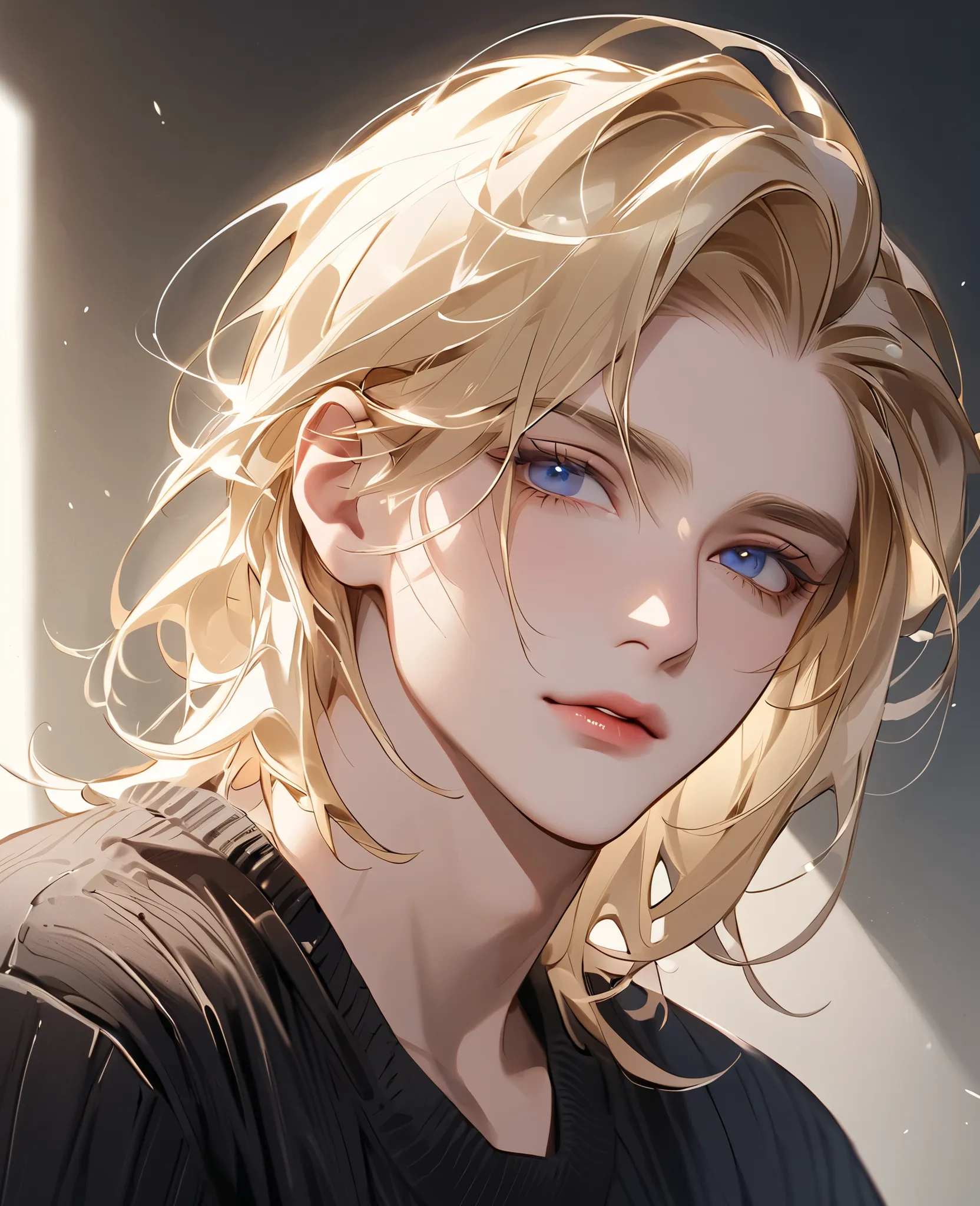 Boy, with long blonde hair, dark blue eyes, sharp features, light white skin, light pink lips, handsome, perfect, elegant, wearing a brown sweater, black sweater, bright and clear colors, high quality resolution.