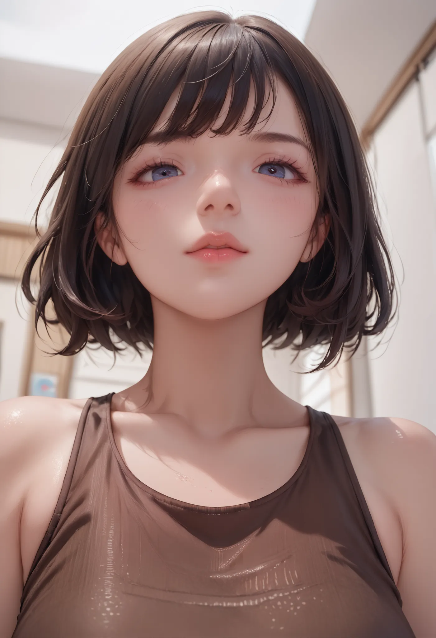 1 girl,latex brown tank top,latex brown panty、look at someone watching in close-up, low angle, Face hidden by chest , look down、A woman in love、like ren