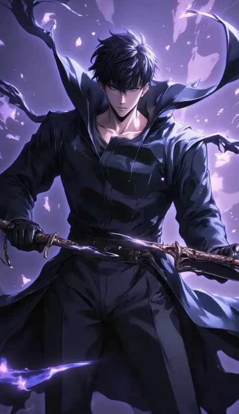 (masterpiece, best quality, ultra-detailed, best 2D anime Style Drawing, First person view), (detailed background,high fantasy), high contrast, hyper detail, dramatic light, intricate details,  #Sung Jin-Woo, High Level, short black hair, all black clothes...