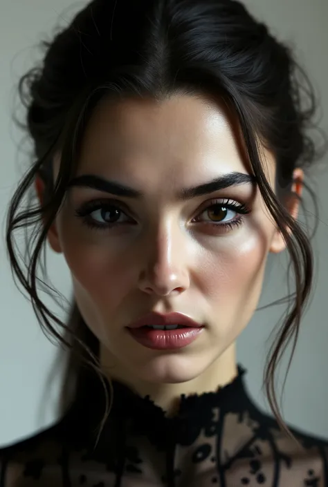Hande erçel face straight,  lokking Hande erçel's face, she looks with a piercing gaze, a face devoid of emotions, beautiful and sexy but also mysterious and threatening