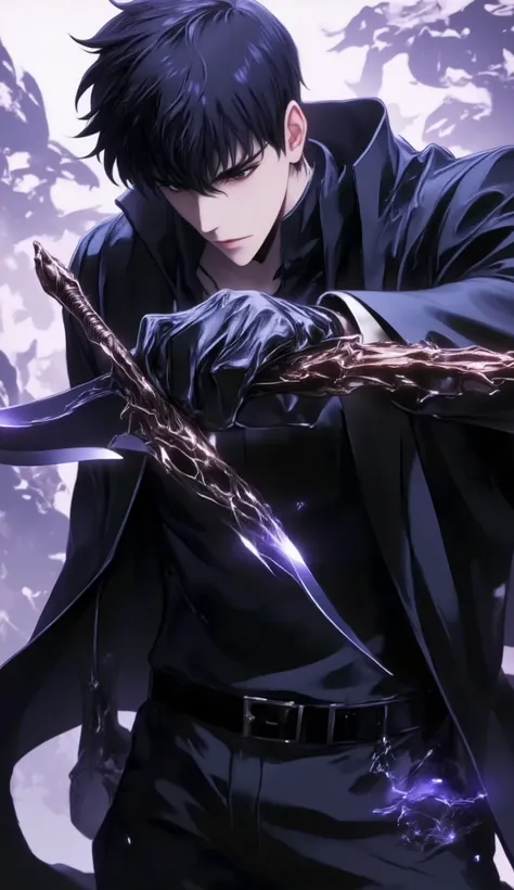 (masterpiece, best quality, ultra-detailed, best 2D anime Style Drawing, First person view), (detailed background,high fantasy), high contrast, hyper detail, dramatic light, intricate details,  #Sung Jin-Woo, High Level, short black hair, all black clothes...