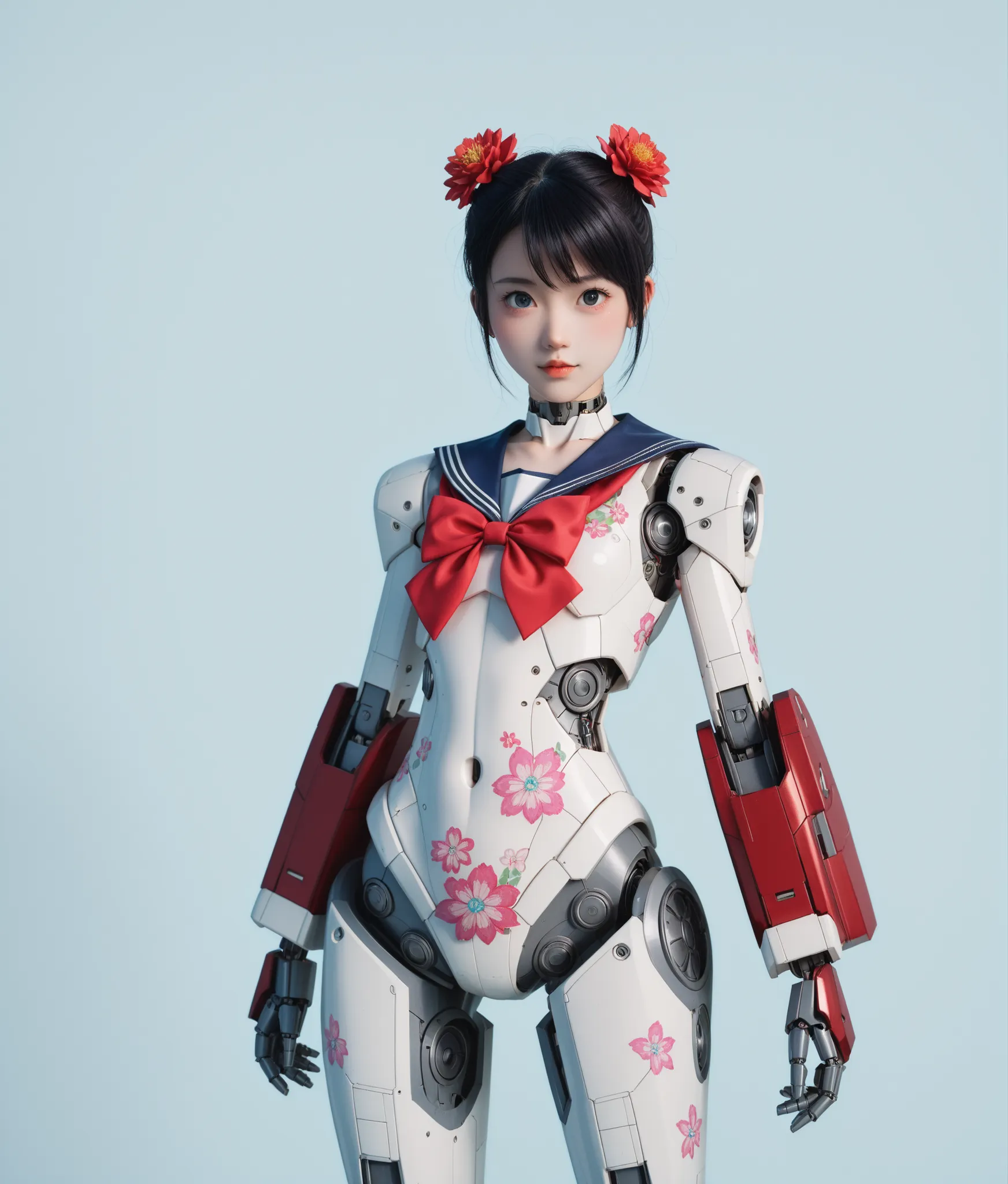 cute girly robot, sailor Mecha suit, colorful flower pattern on body, armed with heavy weapons on body, kawaii mood, Joints and gaps glowing red. holding teddy-bear.hardcore machine. newest anime style,cute pop simple background.vivid color.punk accessorie...