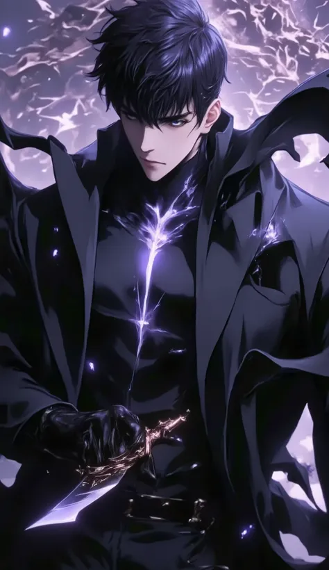 (masterpiece, best quality, ultra-detailed, best 2D anime Style Drawing, First person view), (detailed background,high fantasy), high contrast, hyper detail, dramatic light, intricate details,  #Sung Jin-Woo, High Level, short black hair, all black clothes...