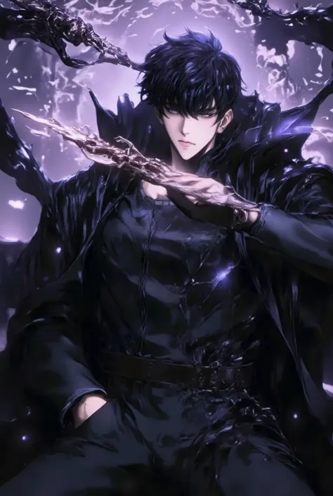 (masterpiece, best quality, ultra-detailed, best 2D anime Style Drawing, First person view), (detailed background,high fantasy), high contrast, hyper detail, dramatic light, intricate details,  #Sung Jin-Woo, High Level, short black hair, all black clothes...